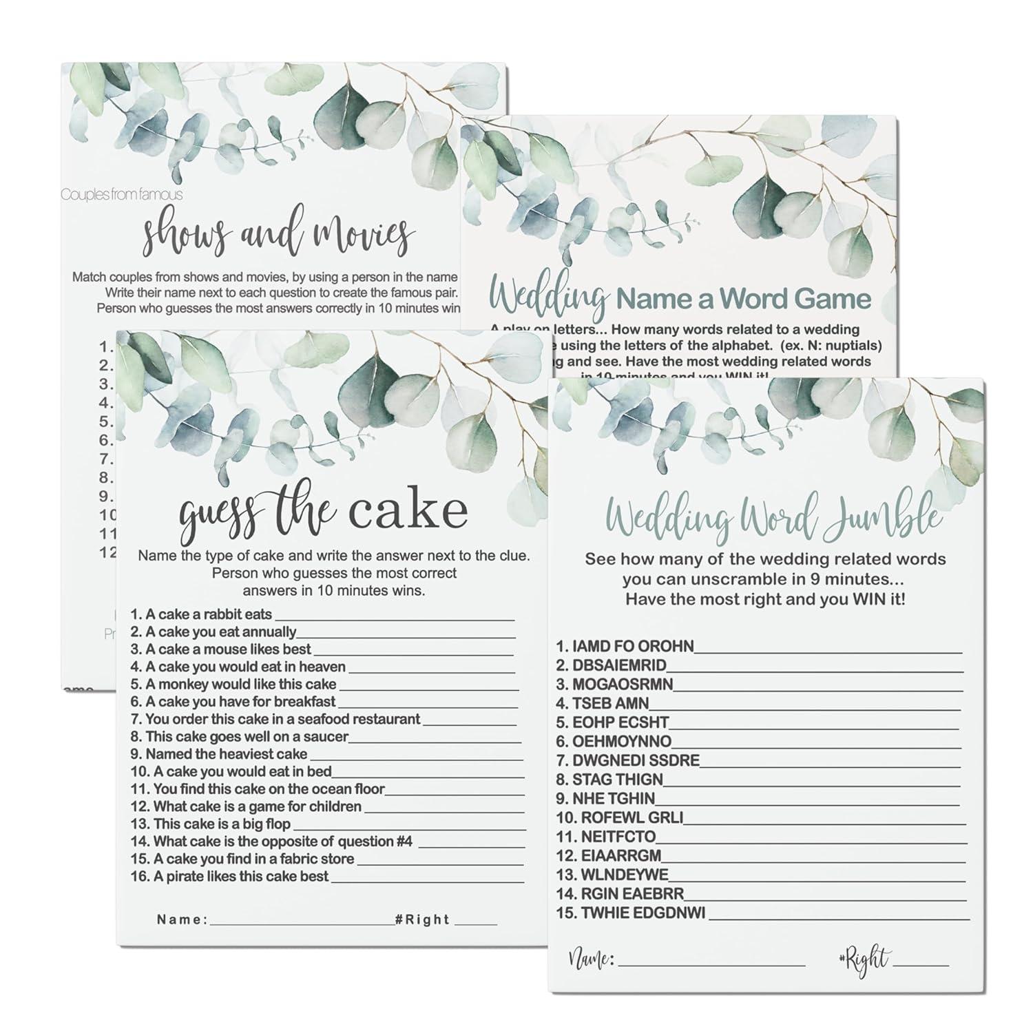 Greenery Bridal Shower Games - 25 Each Of Guess The Cake, Word Scramble, Famous Pairs & Wedding Name Game - Fun Activities For Engagement Parties & Rehearsal Dinners - Double-Sided Cards Bundle