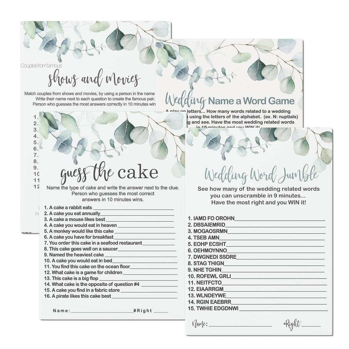 Greenery Bridal Shower Games - 25 Each Of Guess The Cake, Word Scramble, Famous Pairs & Wedding Name Game - Fun Activities For Engagement Parties & Rehearsal Dinners - Double-Sided Cards Bundle