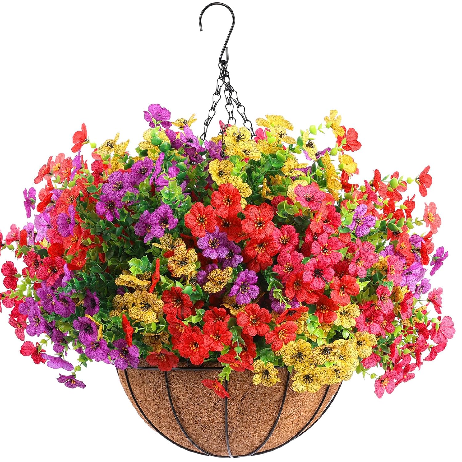 18 Pcs Artificial Flowers For Outdoors Uv Resistant Fake Flower Plastic Spring Flowers Faux Silk Plants For Outside Porch Window Easter Patio Home Decor (18, Red, Purple, Yellow, Rose Red)