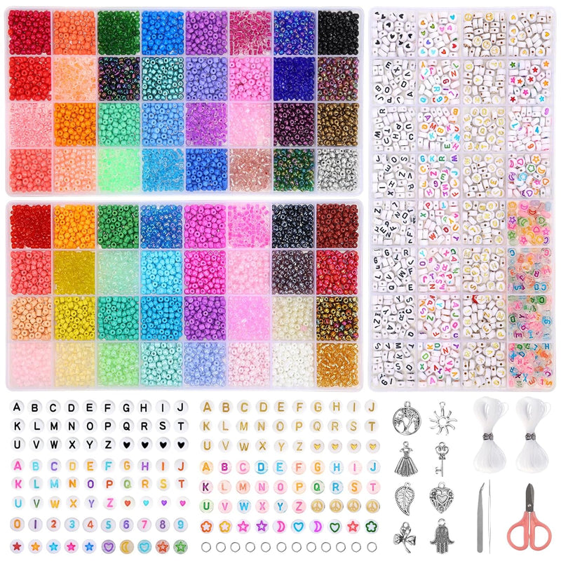 Craft Beads Kit 6400Pcs 4Mm Glass Seed Beads And 960Pcs Letter Beads F