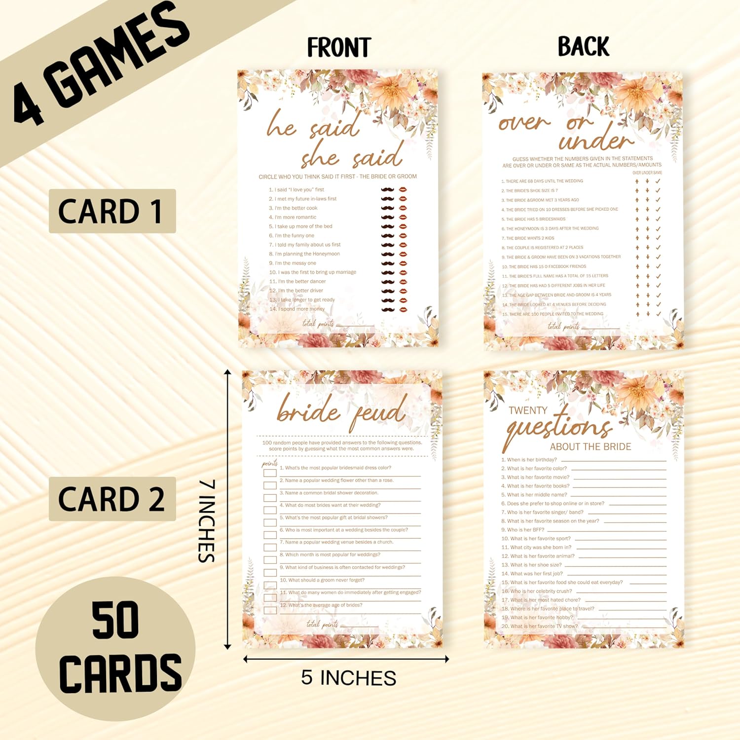 Bridal Shower Games, Boho Floral Games Cards, Fall Wedding Engagement Bachelorette Party Decorations Supplies, 4 Fun Game For 25 Guests, Including He Said She Said And Questions About The Bride- B03