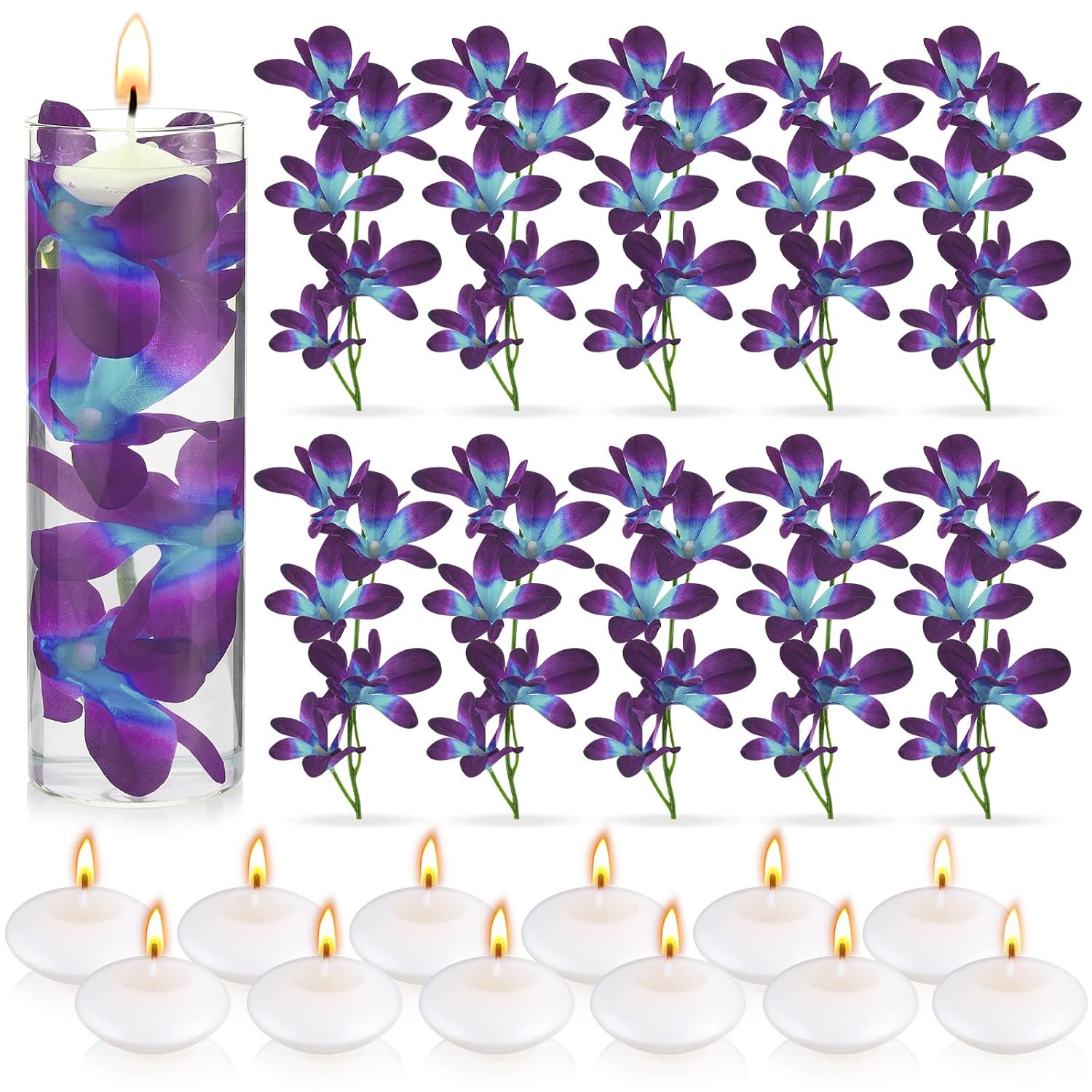 Floating Flowers For Centerpieces Blue Faux Orchid Flowers Vase Fillers Floating Candles Purple Orchid Wedding Table Decor Filling Unscented Floating Candles For Birthday Wedding Party (28 Pieces)