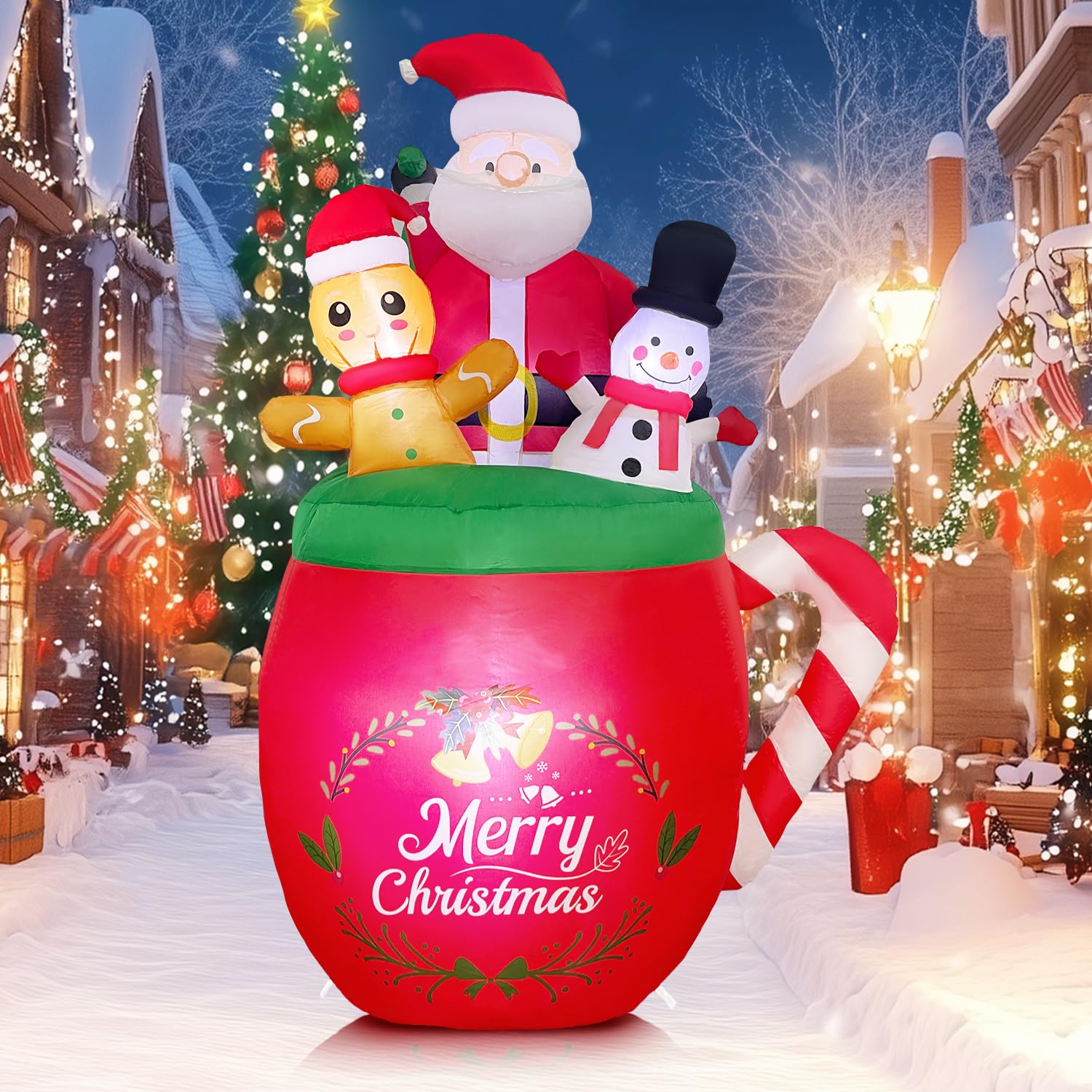 6 Ft Christmas Inflatables Outdoor Decoration, Santa Claus Snowman Gingerbread Man In Xmas Mug For Outdoor Christmas Dec