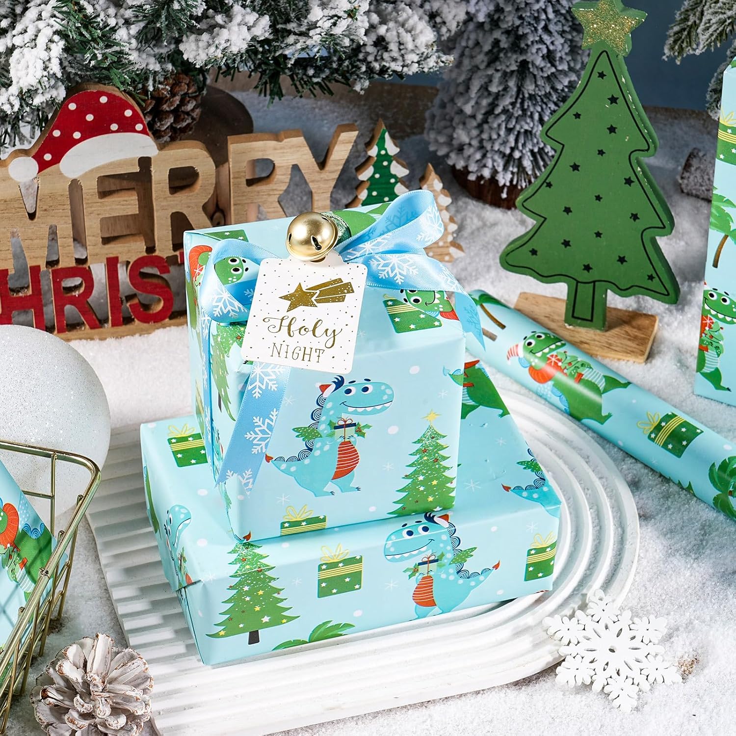 Christmas Dino Wrapping Paper Roll For Kids Boys, Cute Cartoon Dinosaur Gift Wrap With Presents Trees For Christmas Holiday, Party Decor, Mini Roll 17 In X 16.4 Feet
