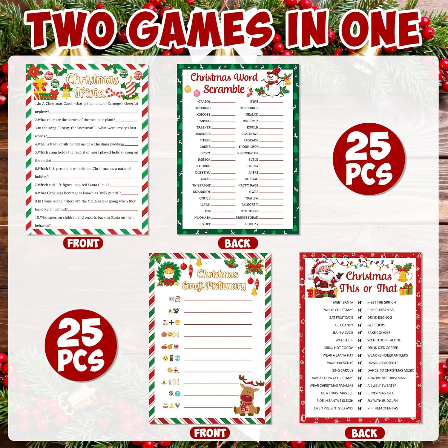 54 Pcs Christmas Party Games Card Set Merry Christmas Trivia Party Game Xmas Holiday Word Scramble Pictionary This Or That Paper Cards For Family Adults Large Group Activities Supplies With Answer Key