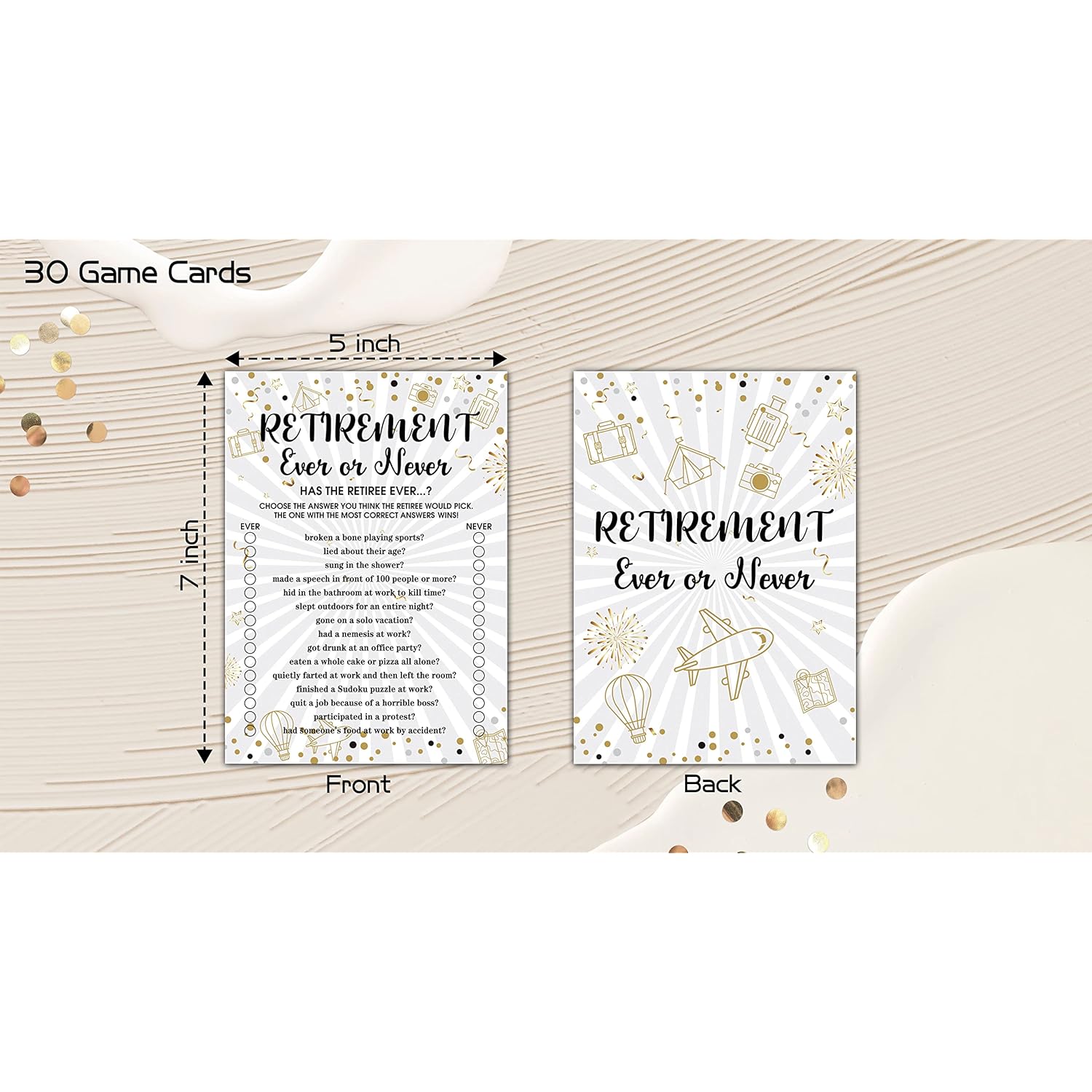 Retirement Party Games, Ever Or Never Co-Worker Retirement Party Game Card, Gold Foil Retirement Party Ideas Activities Supplies Decorations(30 Game Cards) - A02