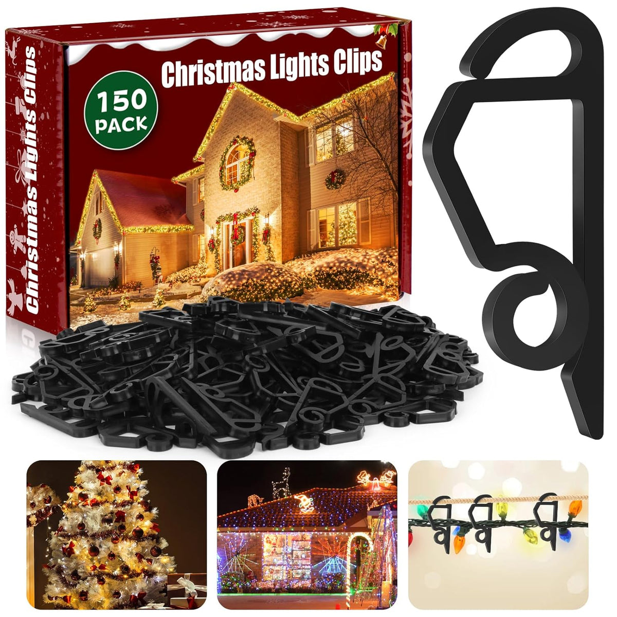 150Pcs Christmas Light Clips Outdoor Plastic Gutter Hooks Christmas Lights Hooks For Hanging Outdoor Lights Weatherproof Outdoor Holiday Light Clips For Christmas Decoration (Black)