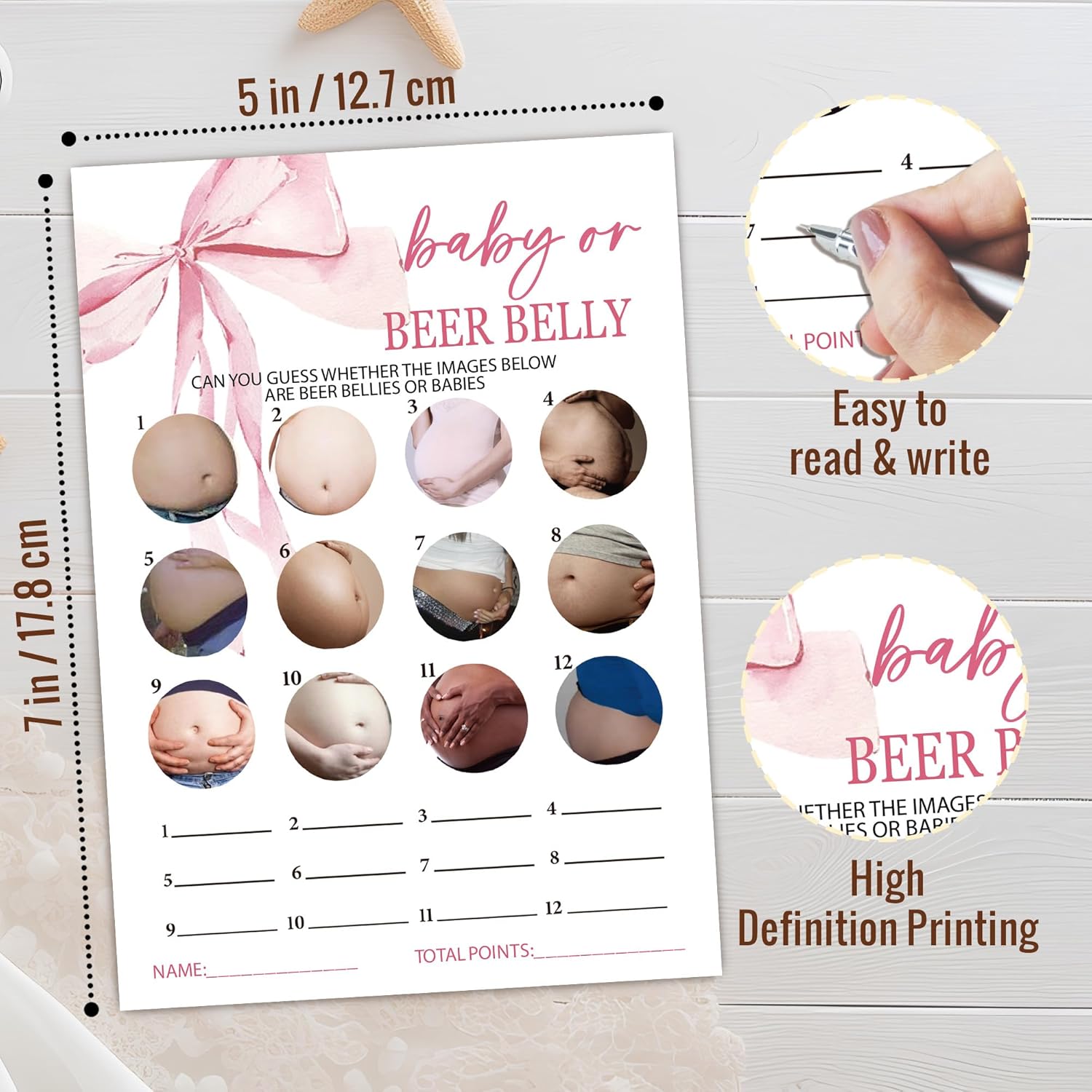 Pink Baby Shower Games For Girl, Beer Belly Game Cards, 25 Gender Neutral Cards With 1 Answer Card, Pink Bow Gender Reveal Party Supply Kit, Baby Shower Decorations(5''X7'')-A08