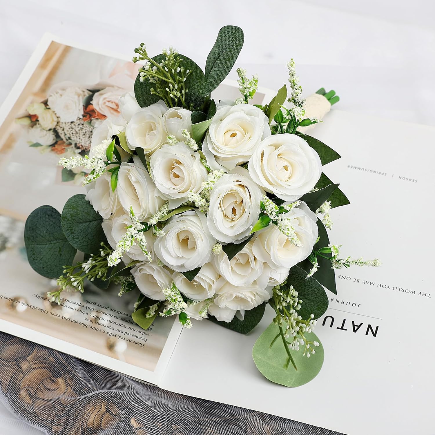Bridesmaids Bouquets For Wedding - Set Of 6 Realistic Artificial Rose Eucalyptus Silk Bride Flowers For Bridal Shower Ceremony Decorations - Ivory White