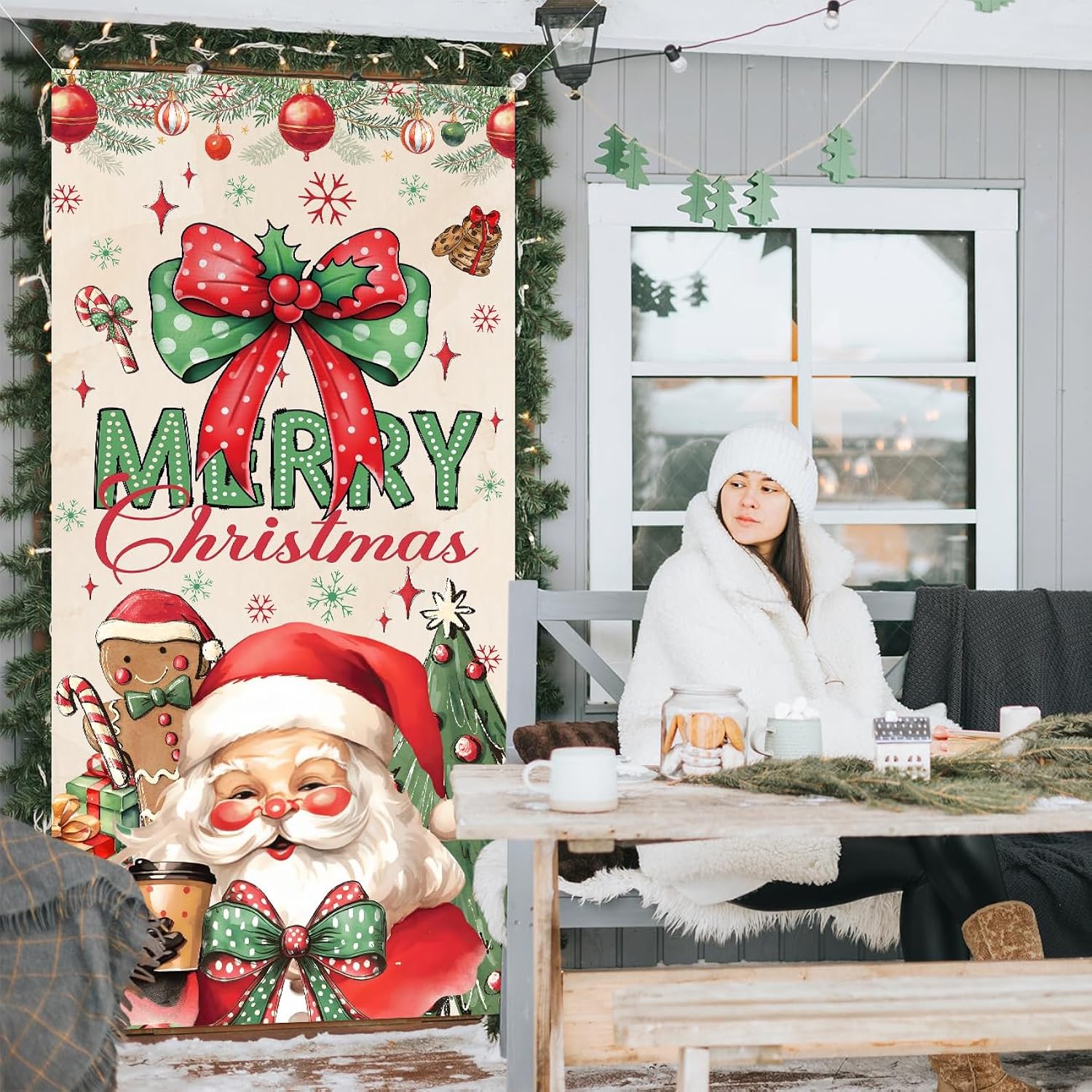 Christmas Door Cover,Santa Claus And Bow Door Cover Red Gingerbread Man Christmas Decorations,Merry Xmas Porch Banner Background,Hanging Banner For Xmas Holiday Eve New Years Party