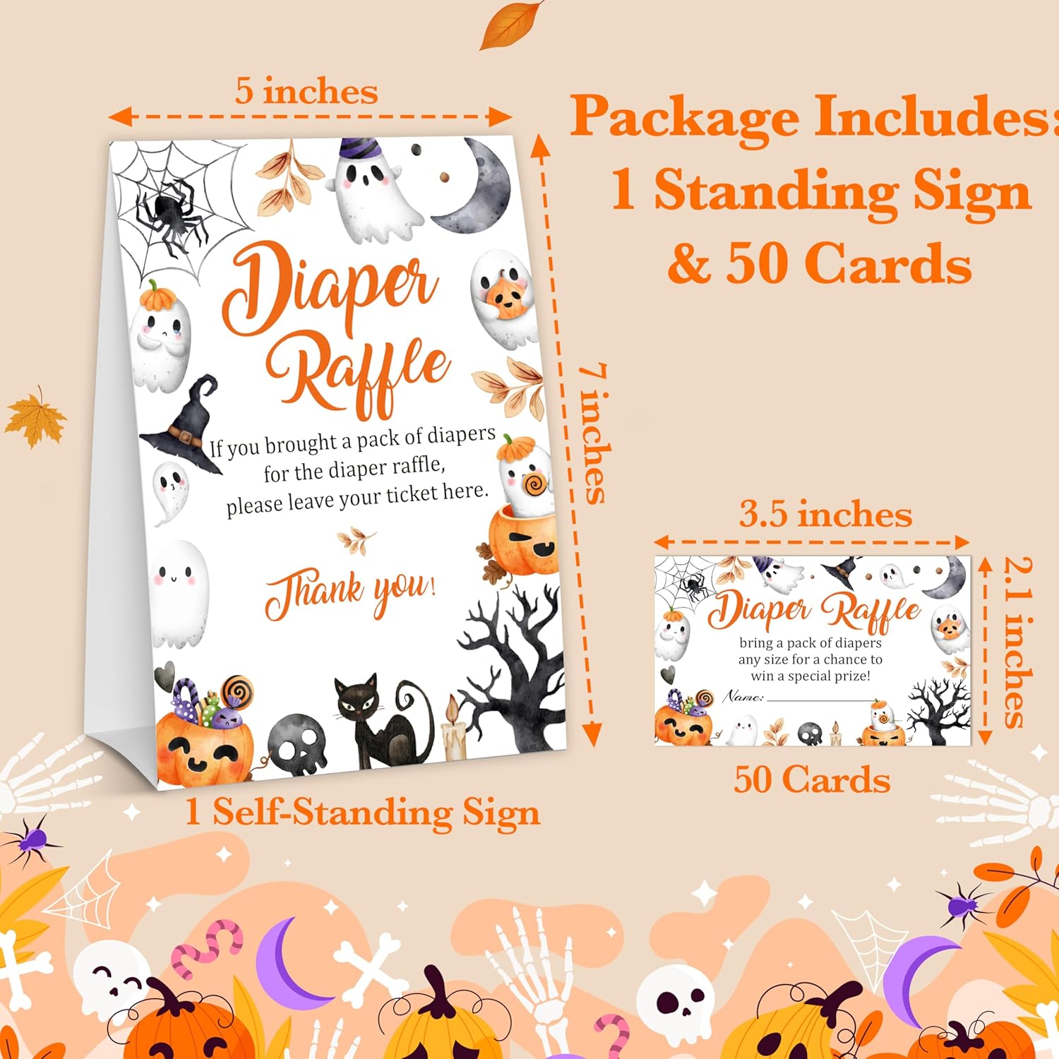 Halloween Baby Shower Games, 50 Diaper Raffle Tickets + 1 Self-Standing Sign For Little Ghost Gender Reveal Baby Announcement Party Favor Supplies - D10