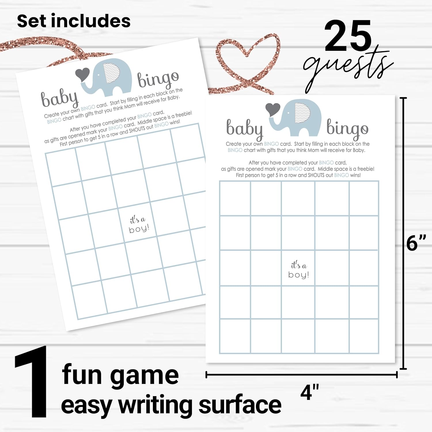 Blue Elephant Baby Shower Bingo Game - Blank Cards For Guests To Fill In Gift Guesses - Boys Jungle Animal Theme - 25 Pack