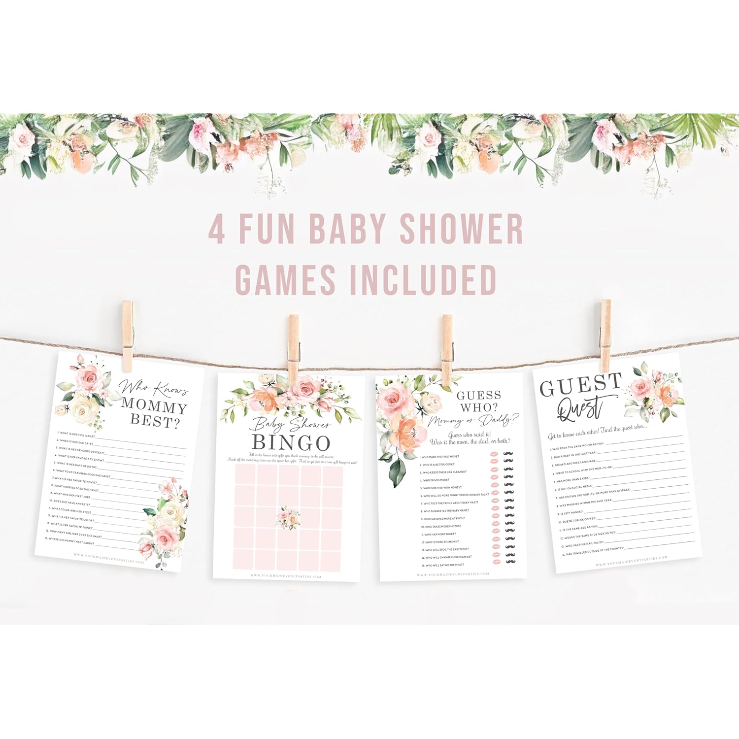 Floral Baby In Bloom Baby Shower Games, Fun Activities For 25 Guests(Bingo, Who Knows Mommy Best, Guest Quest And Guess Who)