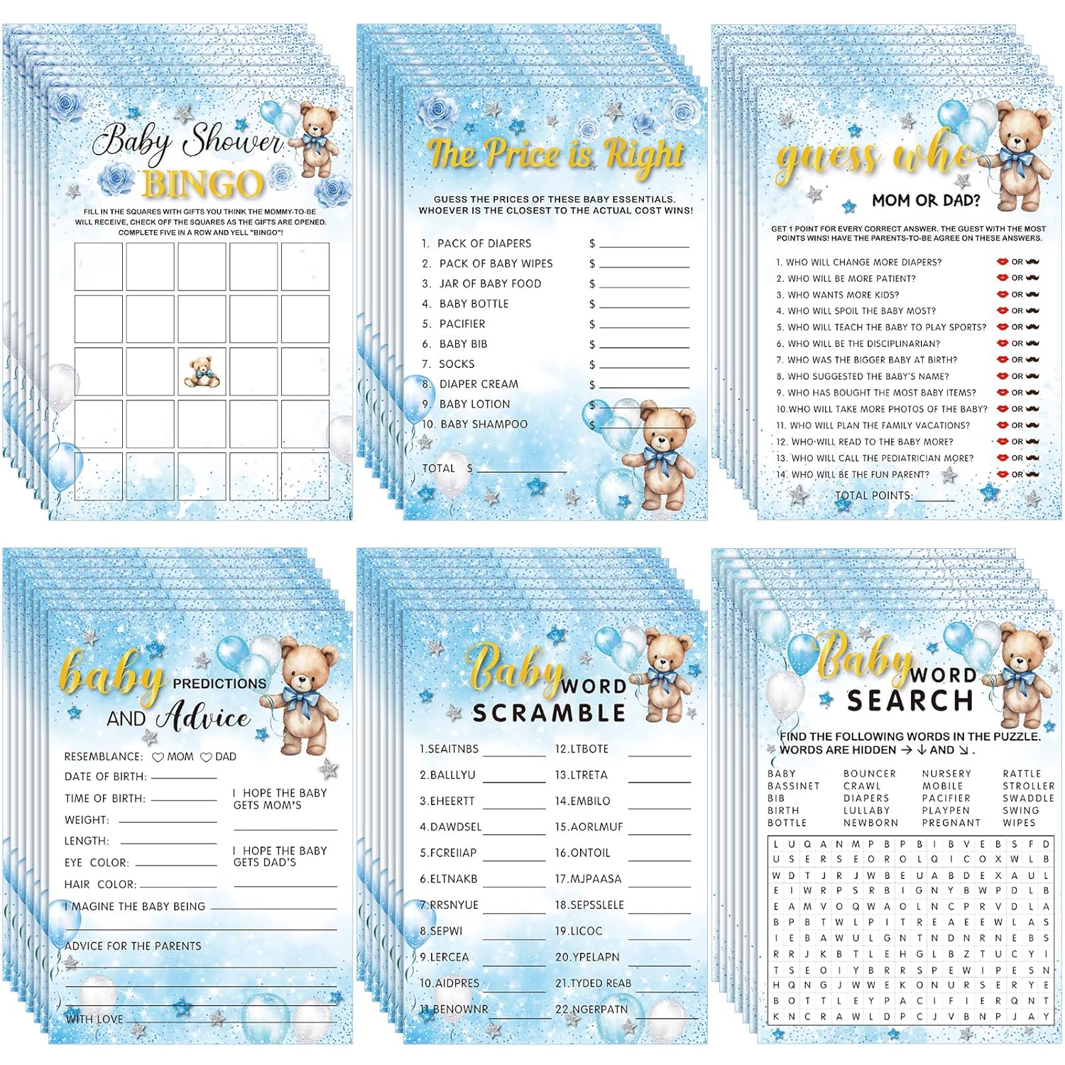 302 Pcs Bear Baby Shower Games Set 6 Games Include Baby Shower Word Scramble Word Search Predictions And Advice The Price Is Right Guess Mom Or Dad(Blue Bear)