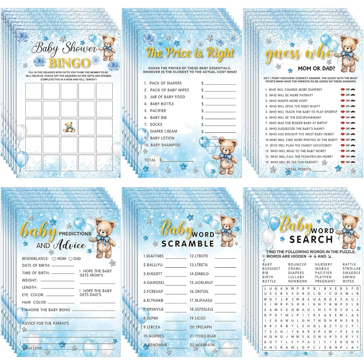 302 Pcs Bear Baby Shower Games Set 6 Games Include Baby Shower Word Scramble Word Search Predictions And Advice The Price Is Right Guess Mom Or Dad(Blue Bear)