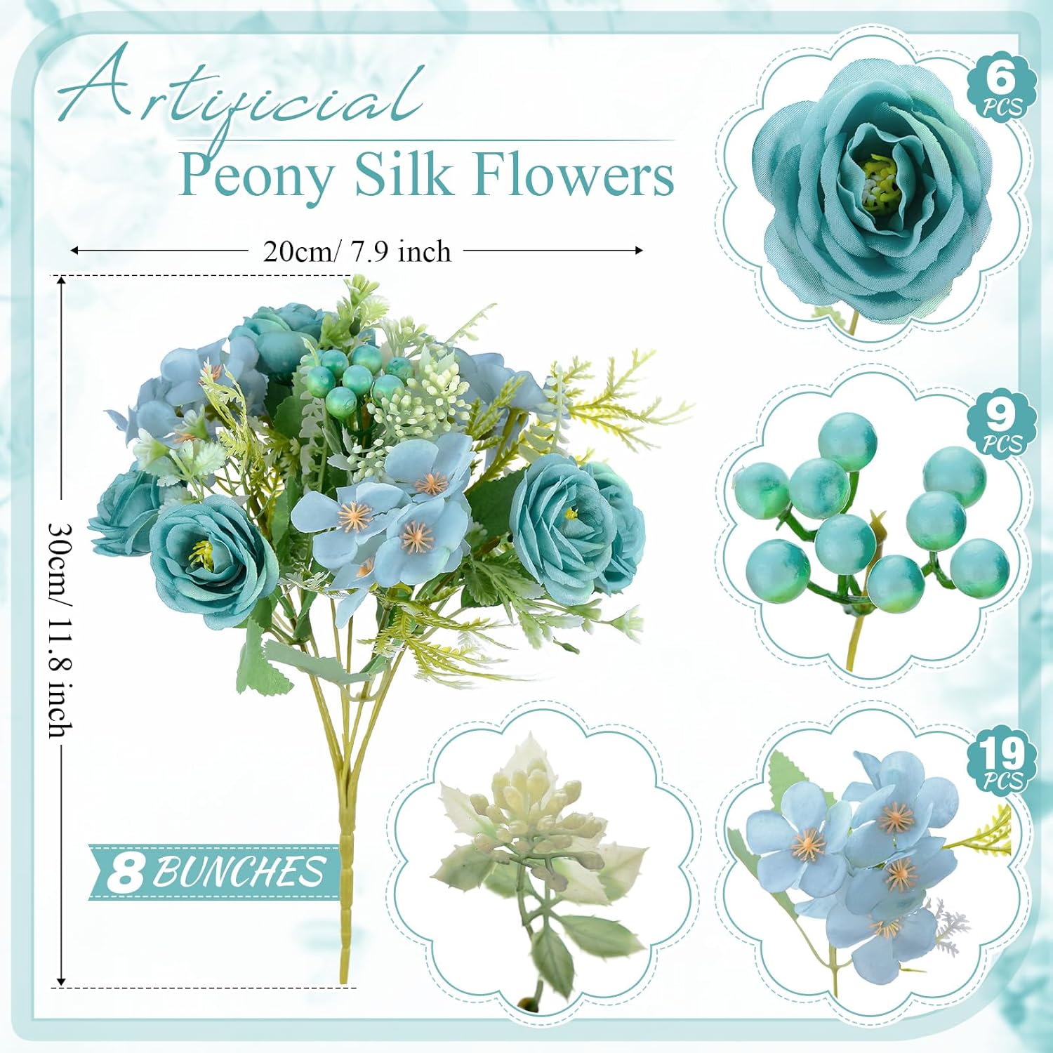8 Pcs Wedding Artificial Rose Flowers Fake Roses Silk Hydrangea Berry Bouquet 12 Inch Faux Flowers For Bridal Wedding Party Floral Home Decoration Table Centerpieces(Teal Blue)