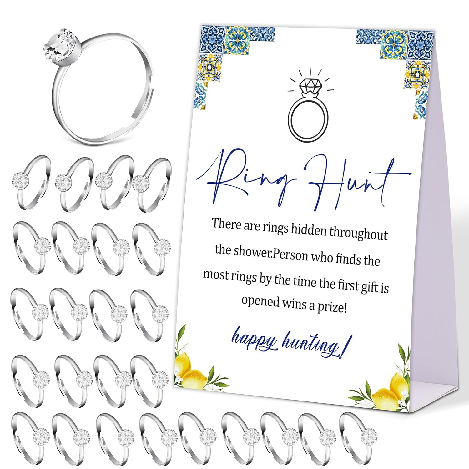 Blue Tiles And Lemons Ring Hunt Game, Find The Rings Bridal Shower Game With 30 Fake Rings, Modern Bridal Shower Decorations, Wedding Shower Or Bachelorette Party Supplies - 02