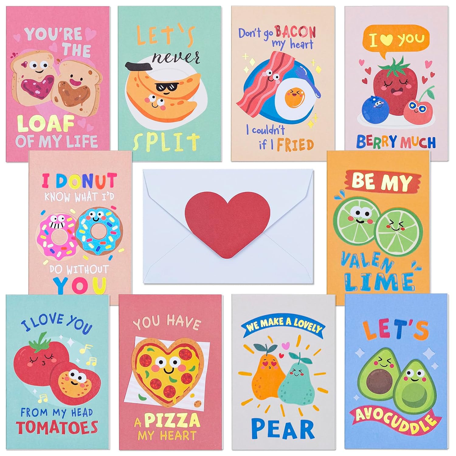 Valentines Day Cards For Kids School, 30-Pack Food-Themed Funny Valentine'S Exchange Cards For Classroom With Gold Foil And Emboss Details, 4 X 6 Inches, Illustrated Inside, Envelopes Included