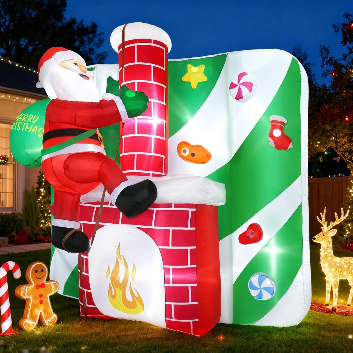 Christmas Santa Claus Inflatables Outdoor, 8Ft Inflatable Santa Claus Climbing The Chimney With Gift Bag, Xmas Blow Up Y