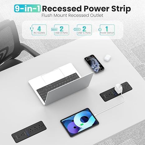 65W GaN Recessed Power Strip 4 Outlets 4 USB Ports 1200J Surge Protector 6FT Flat Cord Black