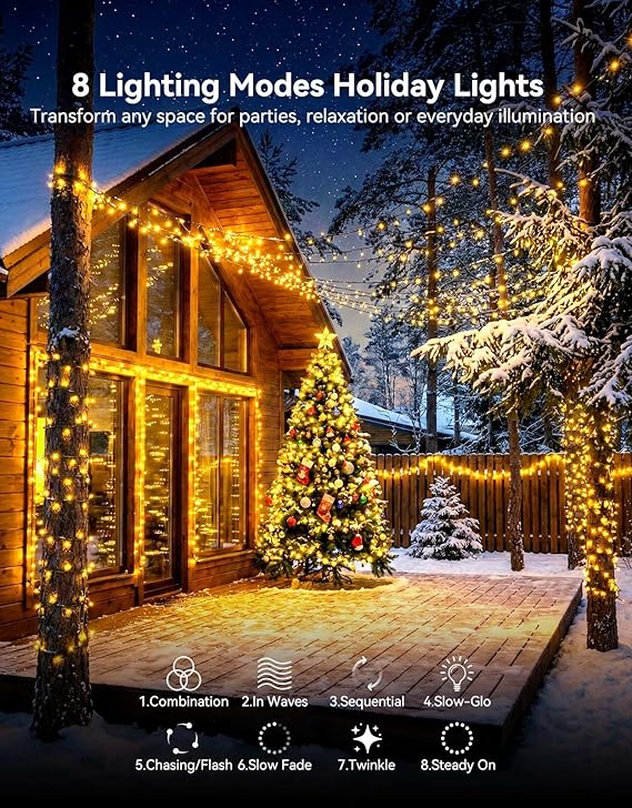 99FT 300 LED Warm White String Lights Outdoor Indoor Waterproof Christmas Lights with 8 Modes Timer & Memory Green Wire for Xmas Tree Party Garden Decor