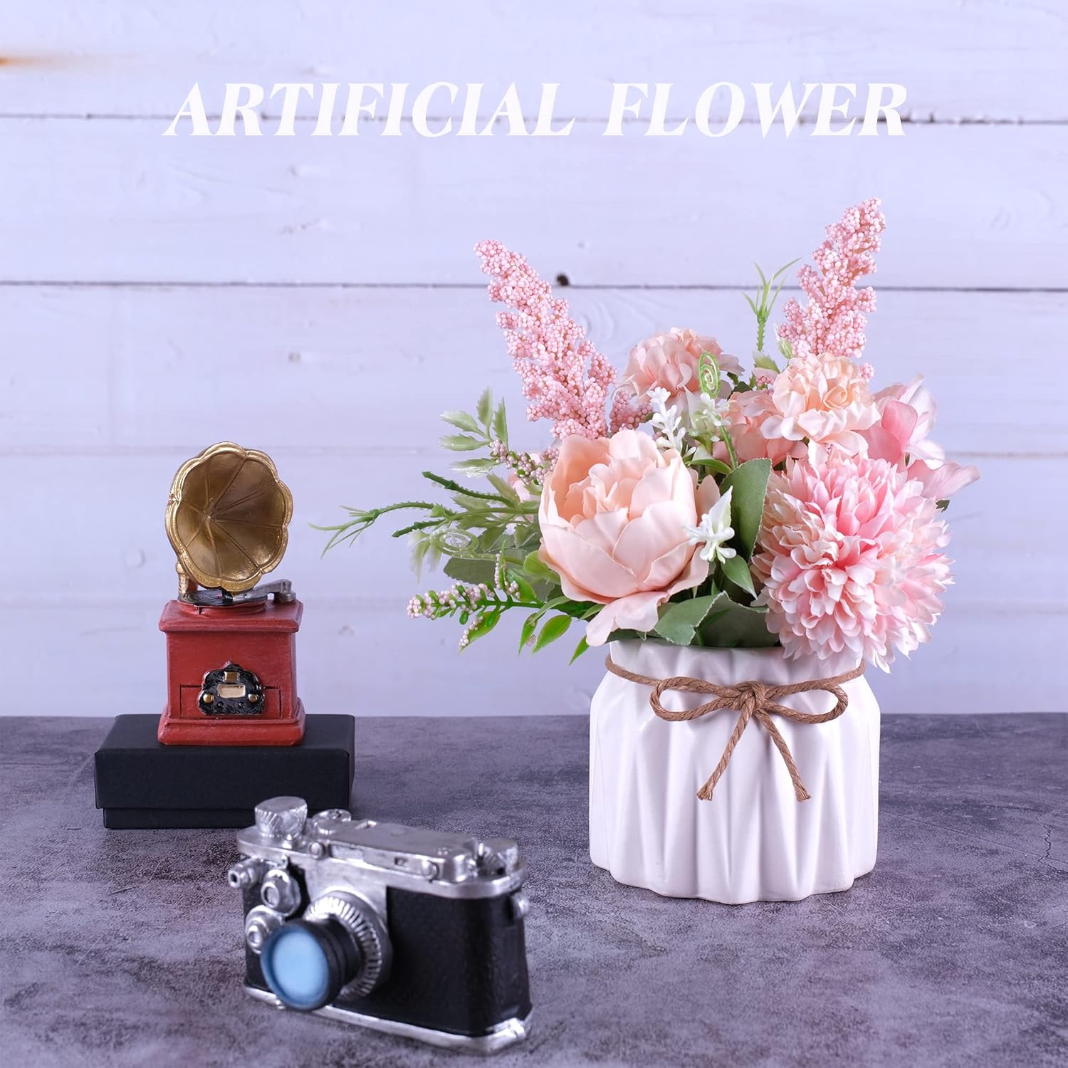 Artificial Potted Flowers Pink, Small Ceramic Vase Fake Flower Plants Desktop Decoration Indoor For Home And Office, Faux Flowers Hydrangea Decora For Table,Bookshelf,Bedroom,Living Room,Party.(Pink)