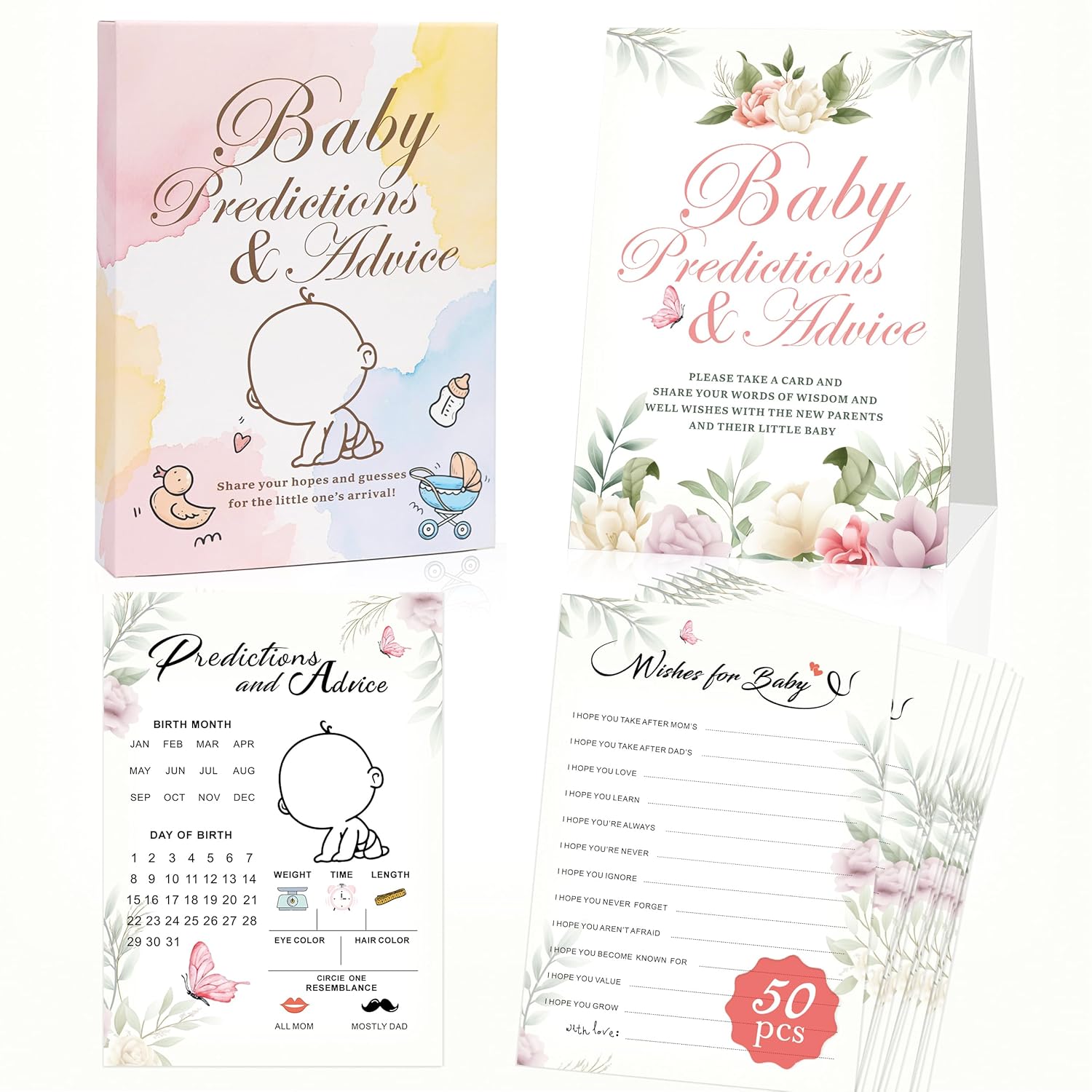 Baby Predictions & Advice Cards For Baby Shower Games, 50 Pcs Party Baby Prediction Cards, Display Stand, Boys Girls Gender Reveal Games For Guests, Advice And Wishes For New Parents To Be, Style-002