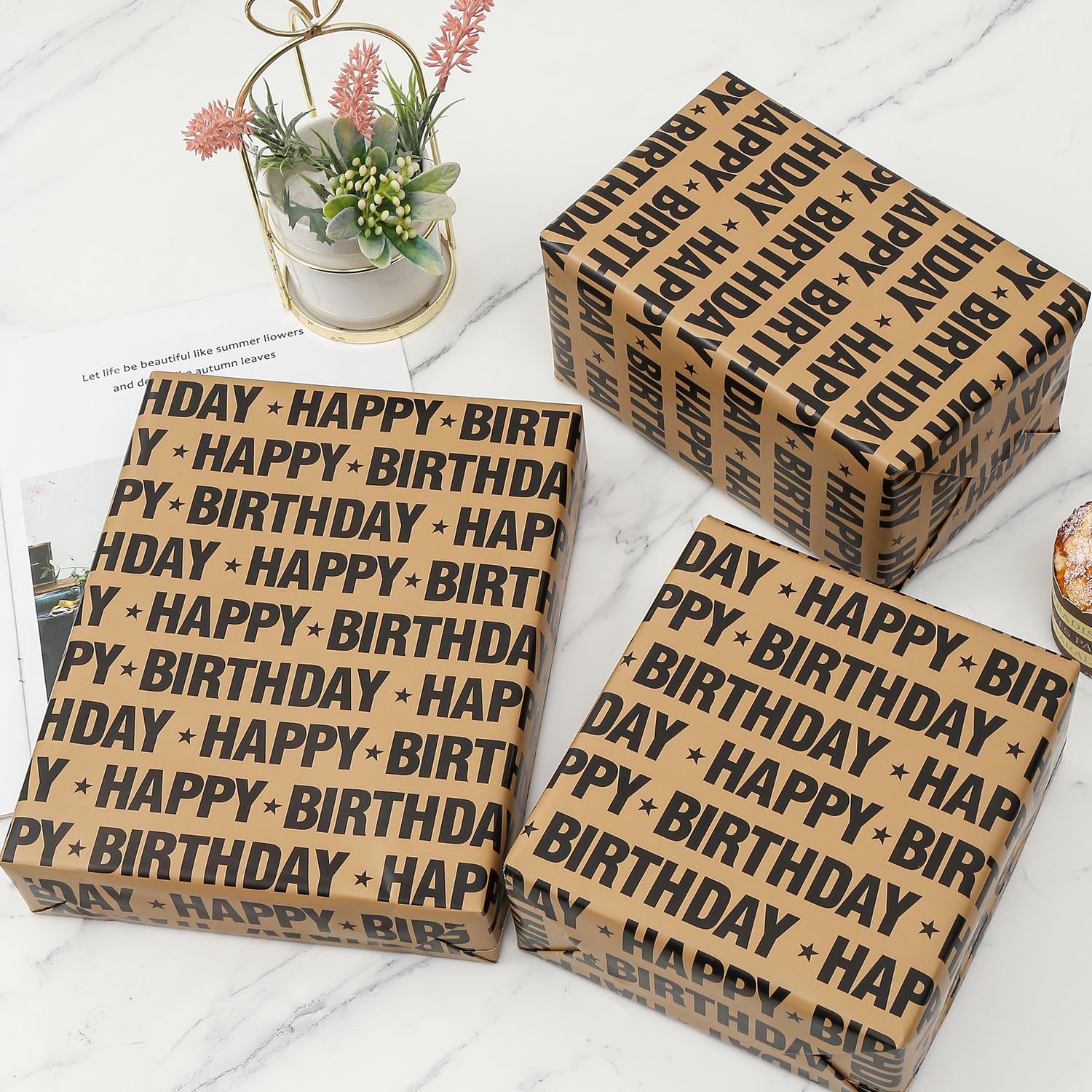Brown Birthday Wrapping Paper Roll - Vintage Black Happy Birthday Design For Party, Baby Shower - 17.7 Inch