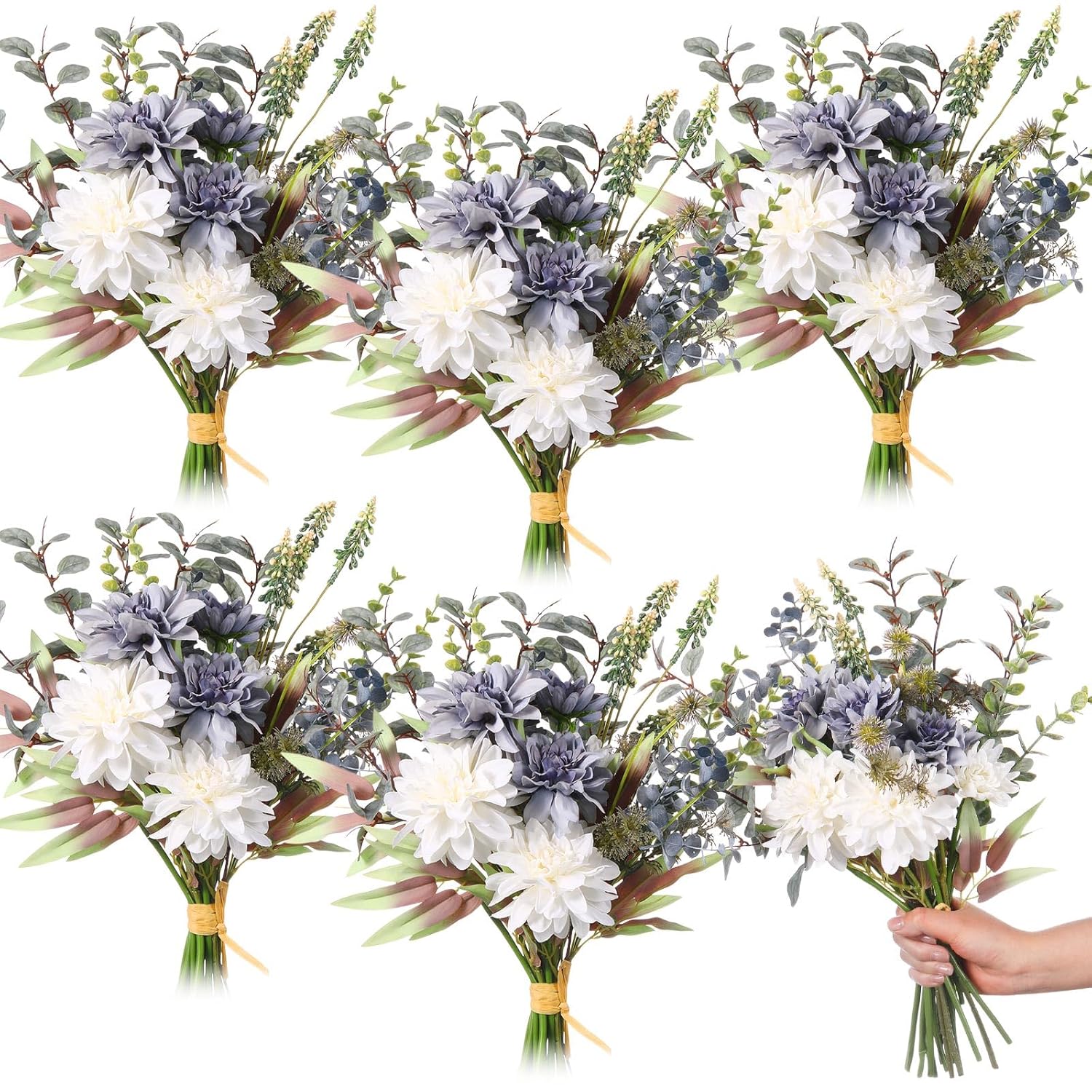 6 Pack Wedding Artificial Flowers Bouquet For Home Table Centerpieces Decoration Bridal Fake Faux Silk Flower Arrangements Bouquets Plastic Floral For Kitchen Dining Party Decor(Blue White)