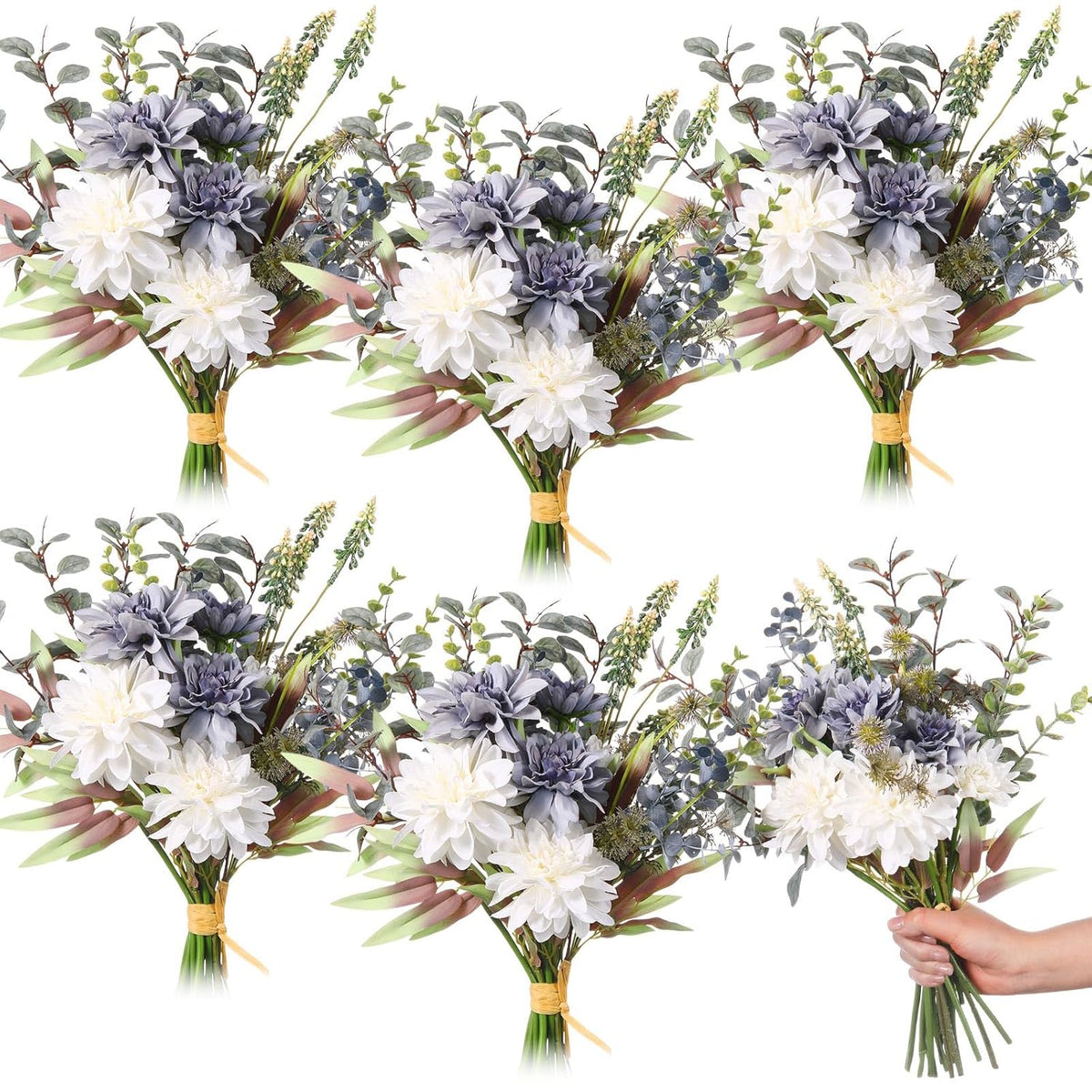 6 Pack Wedding Artificial Flowers Bouquet For Home Table Centerpieces Decoration Bridal Fake Faux Silk Flower Arrangements Bouquets Plastic Floral For Kitchen Dining Party Decor(Blue White)
