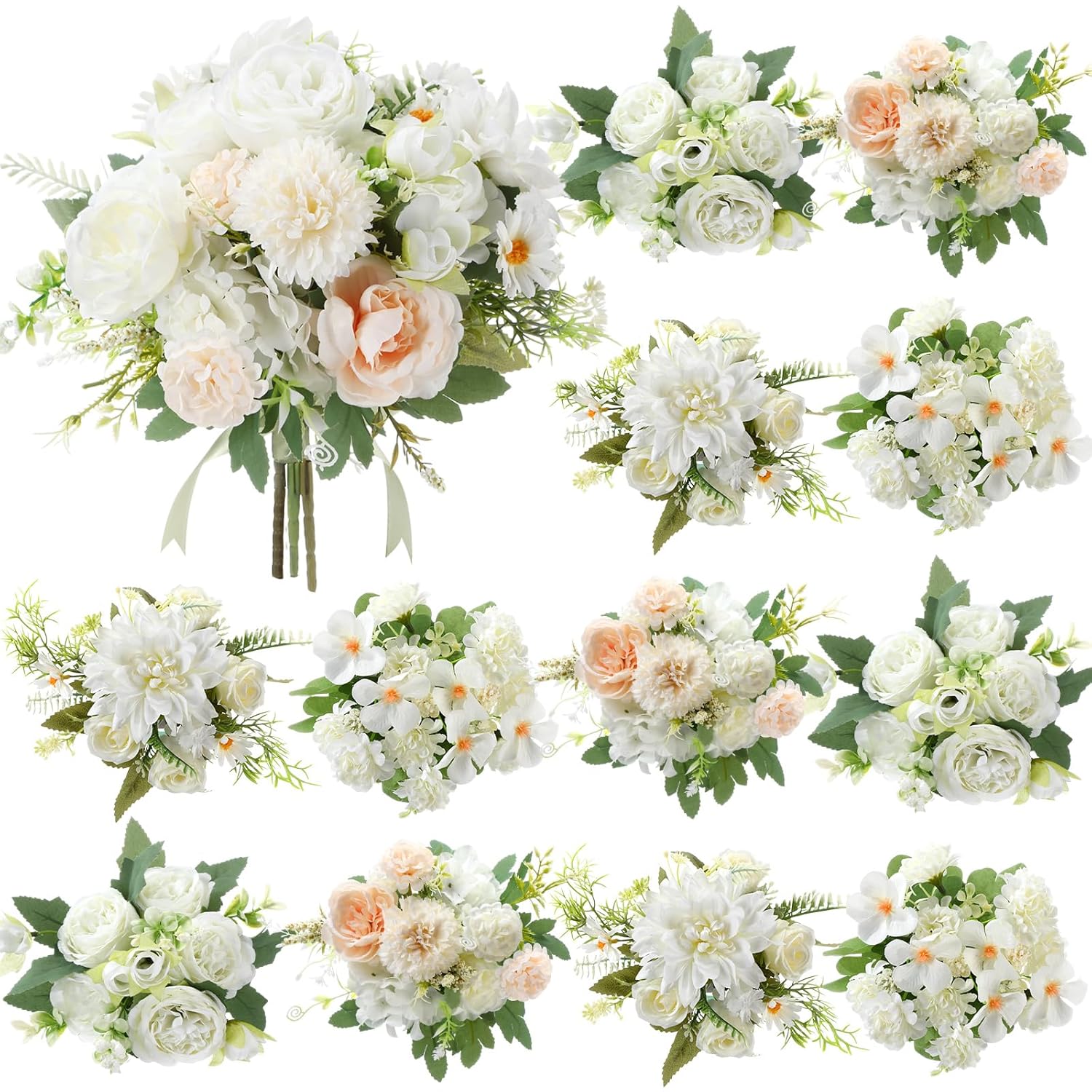12 Bundles Valentine'S Artificial Flowers Peonies Silk Rose Faux Dahlia Fake Chamomile Hydrangea Bouquet Floral Arrangements Bulk For Vase Home Wedding Party Centerpiece(Cream White)