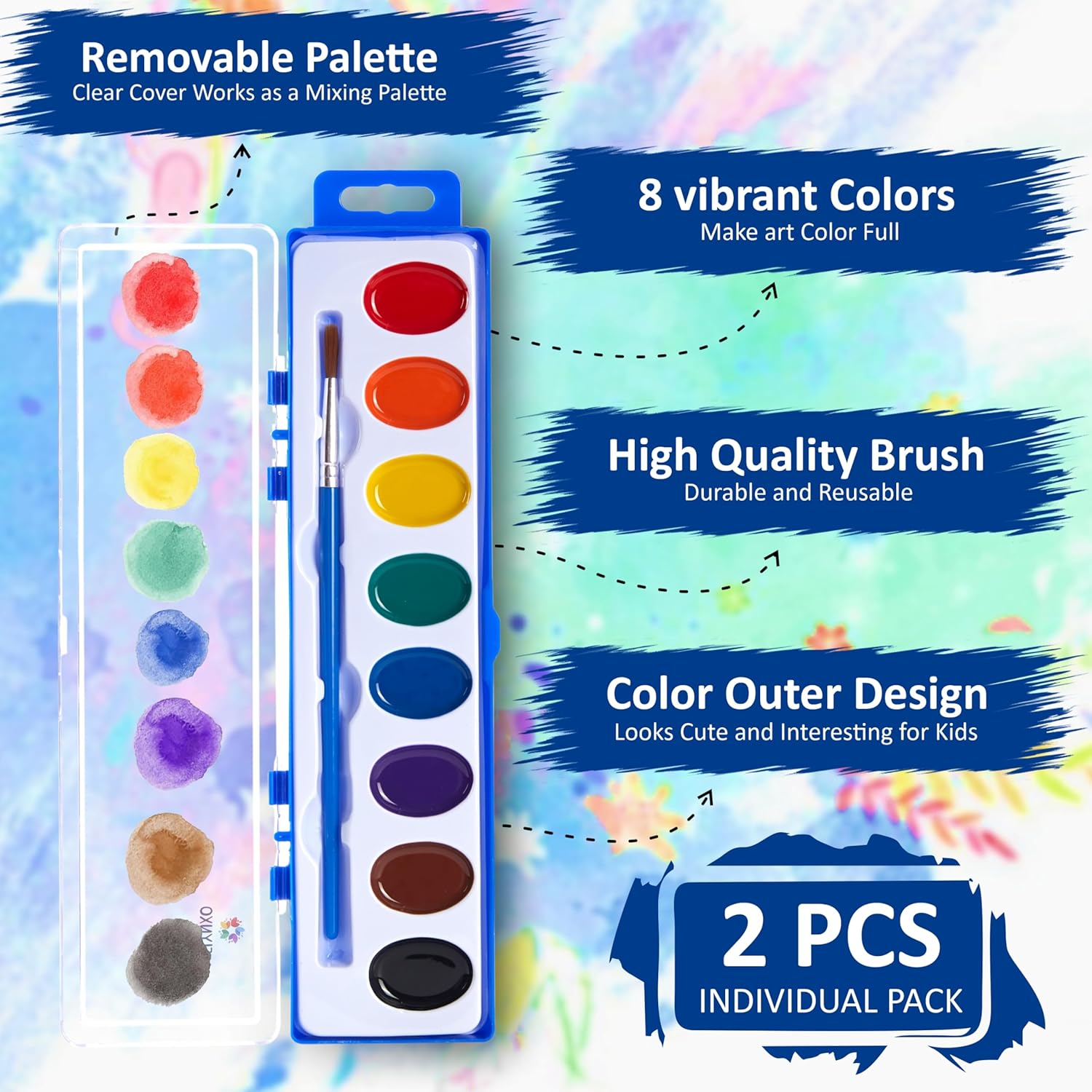 Mini Watercolor Paint Set, 2 Pack, 8 Colors Per Tray, Includes Brushes, Portable Art Supplies For General Use