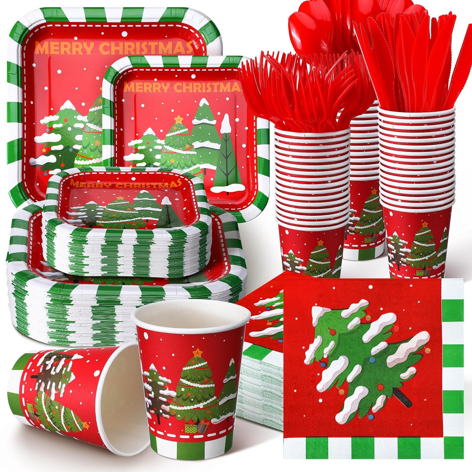 350 Pcs Paper Plates And Napkins Set Disposable Dinnerware Party Supplies Tableware Serve 50 Guest Cups Knife Forks Spoon(Red,Merry Christmas)