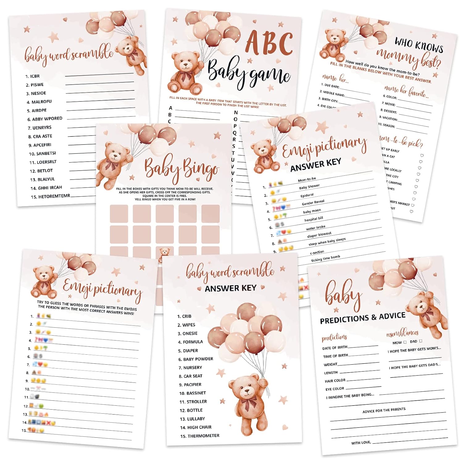 302Pcs Teddy Bear Baby Shower Game Set - 6 Activities For 50 Guests, Gender Neutral Includes Abc, Bingo, Word Scramble, Prediction And More, Each 5X7 Inches