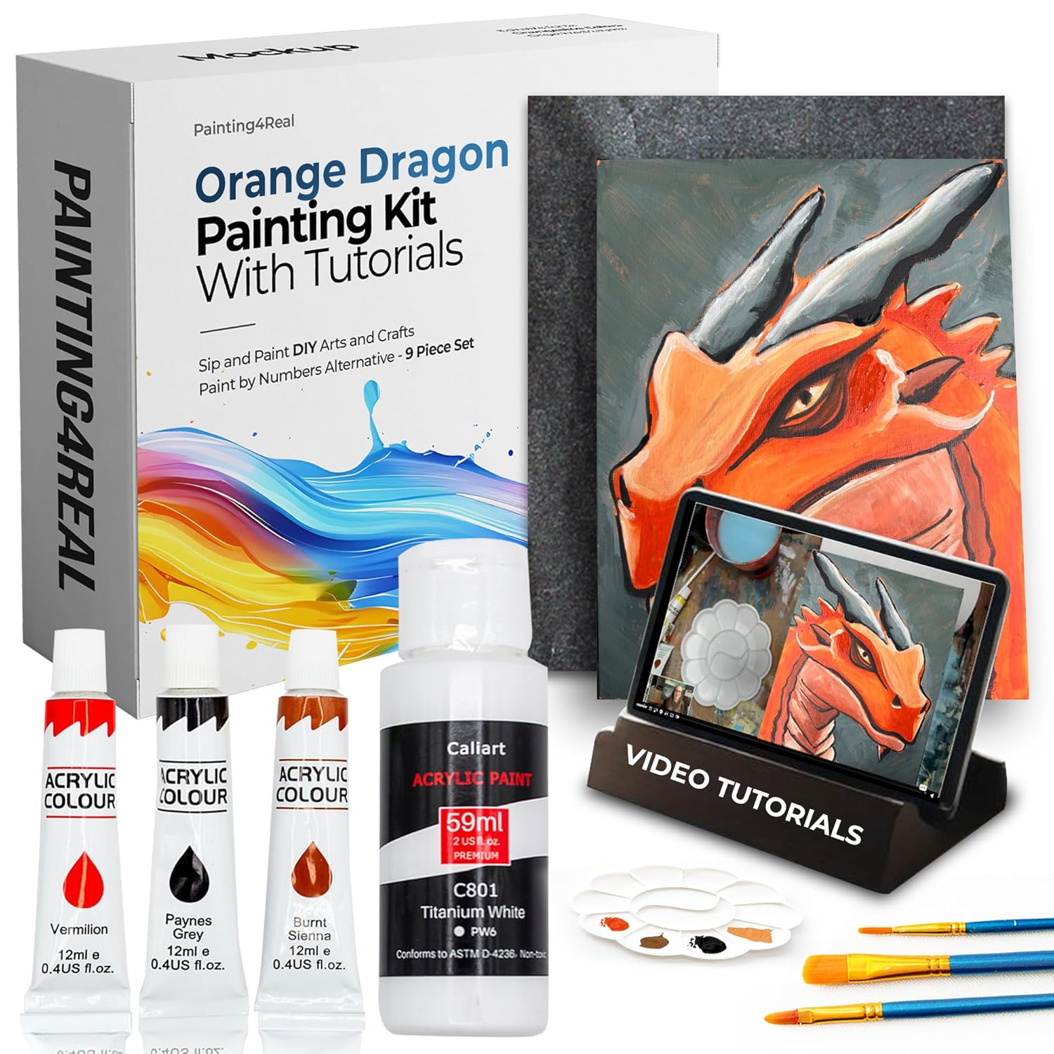 Diy Art Painting Kit For Adults – Learn To Paint Orange Dragon With Video Tutorials, 9 Pieces Canvas Acrylic Paint Set For Adults, Perfect Holiday Gifts Art & Craft For Adults, Beginner