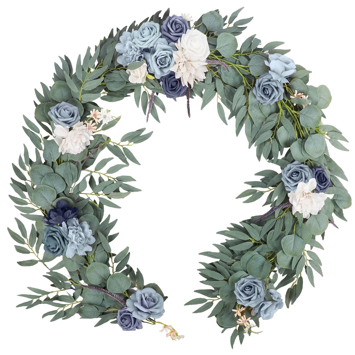 Artificial Dusty Blue Rose Garland Greenery Eucalyptus Willow Garland With Flowers Sweetheart Table Centerpieces Party Wedding Ceremony Backdrop Arch Floral Arrangement 6Ft
