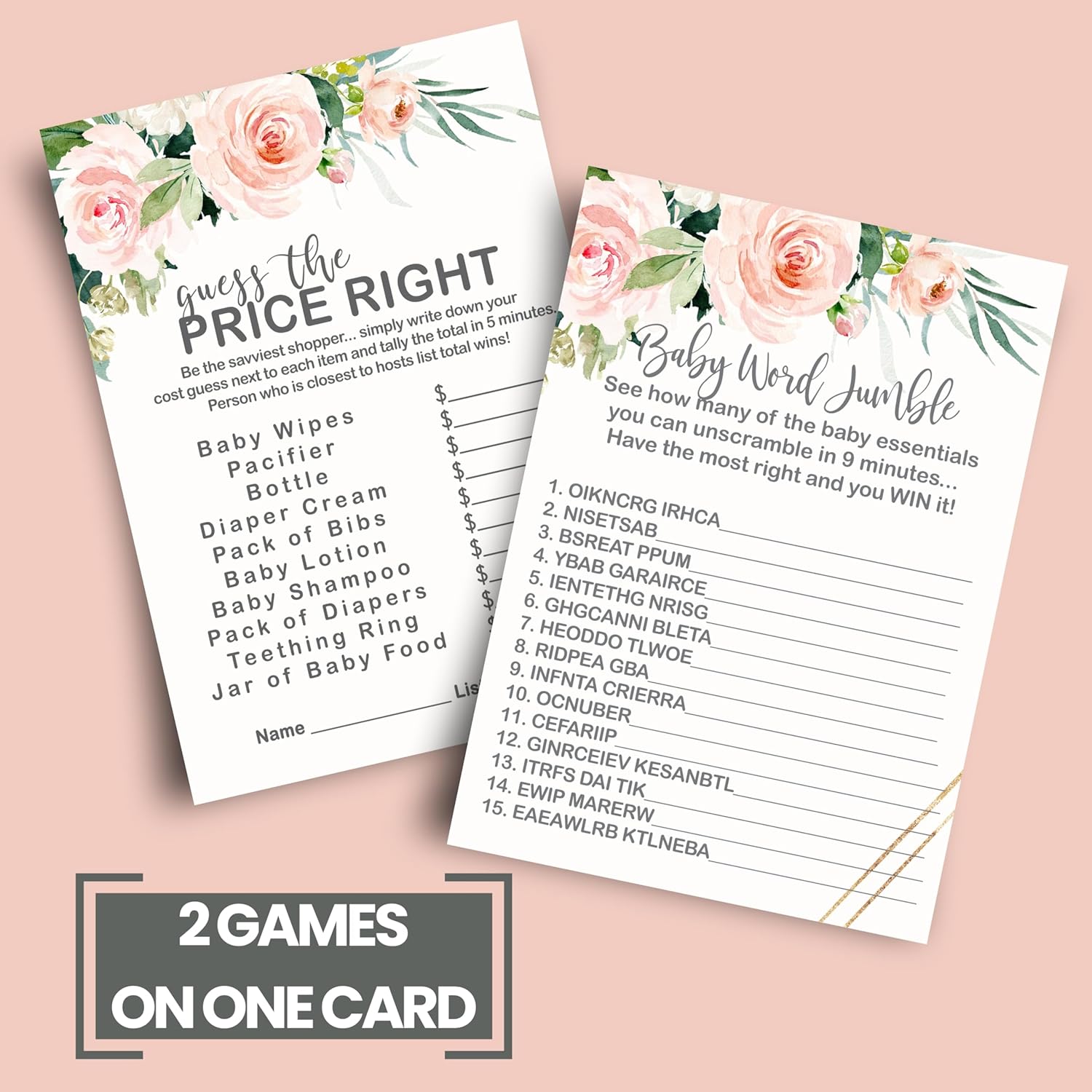 Graceful Floral Baby Shower Games For Girls - 25 Activities Bundle - Word Scramble, Guess The Price, Baby Name Race & Who Knows Mommy Best - Rustic Pink Greenery Theme, Double-Sided 5X7 Cards