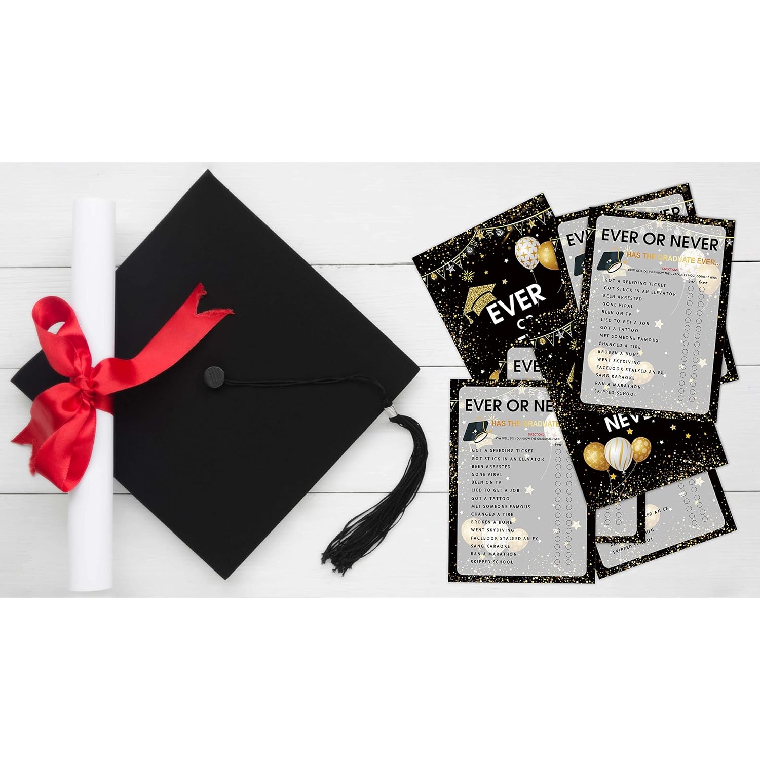 Graduation Party Games - Ever Or Never Game Cards For The Graduate - Graduation Party Decorations 2024 - Gold & Black Grad Celebrations Party Supplies For High School/College - 30 Game Cards(E02)