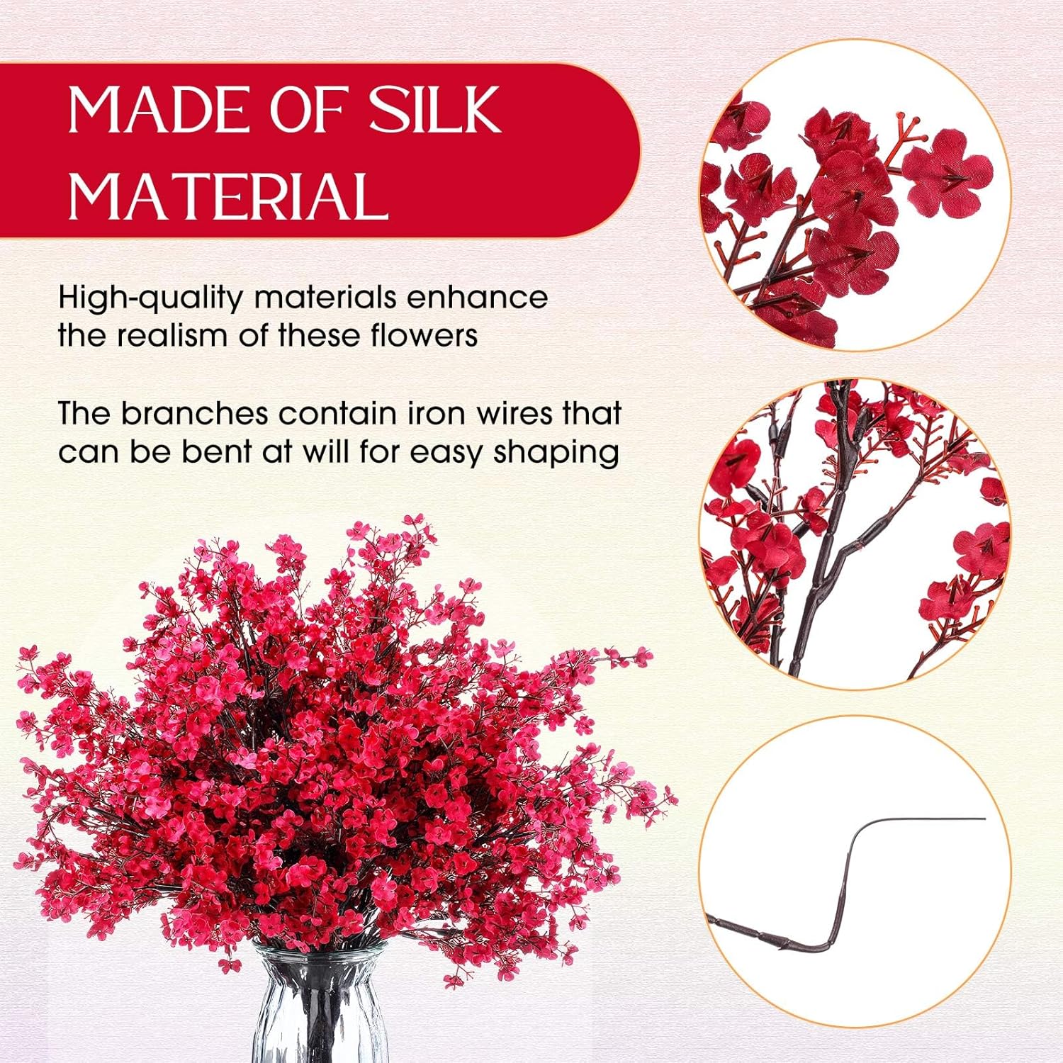 24 Pcs Babys Breath Silk Artificial Flowers Red Faux Flower 19.6 Inch Gypsophila Bouquets Bulk Burgundy Real Touch Floral For Vase Spring Decoration Home Office Table Centerpiece, Wine Red