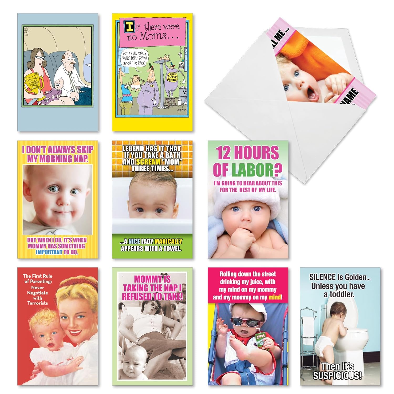 10 Assorted Box Set Humorous Mother'S Day Greeting Cards W/ 5 X 7 Inch Envelopes For Women (10 Designs, 1 Each) Hey Baby Ac10891Mdg-B1X10
