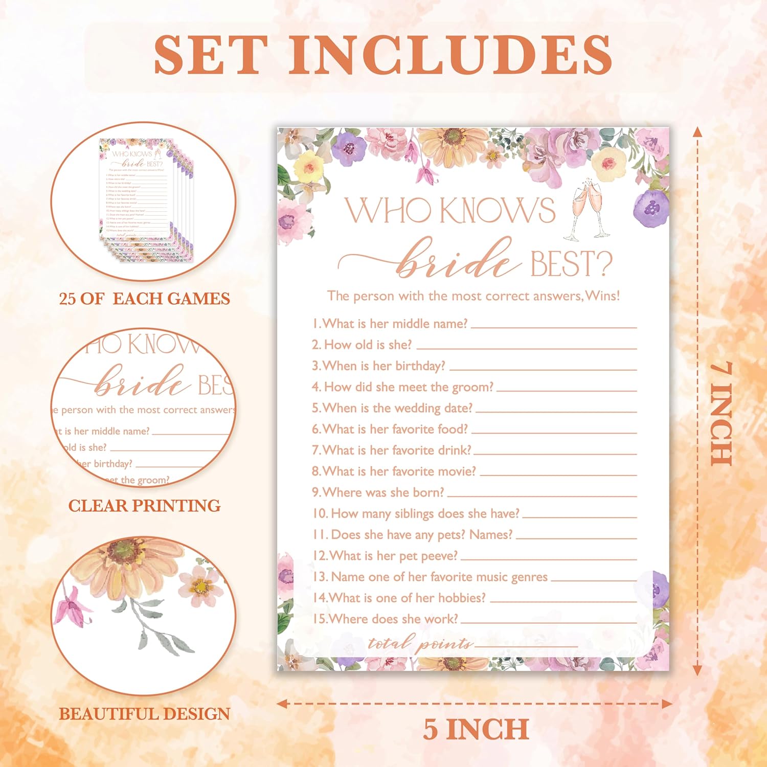 Wildflowers Wedding Games, 25 Guest Party Pack, 5X7 Inches, Adults, Female, Manual Operation