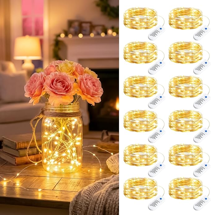 12 Pack Battery Operated Fairy Lights 7FT 20 LED Warm White Twinkle String Lights 8 Modes Waterproof Silver Wire for Mason Jars Wedding Christmas Party Decor