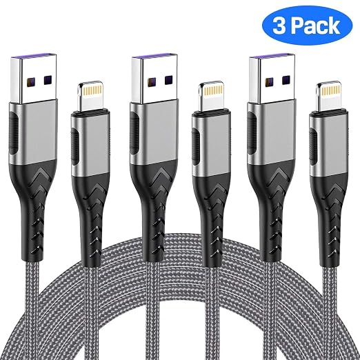 3 Pack 10FT MFi Certified USB A to Lightning Cable Long iPhone Charging Cord Silver