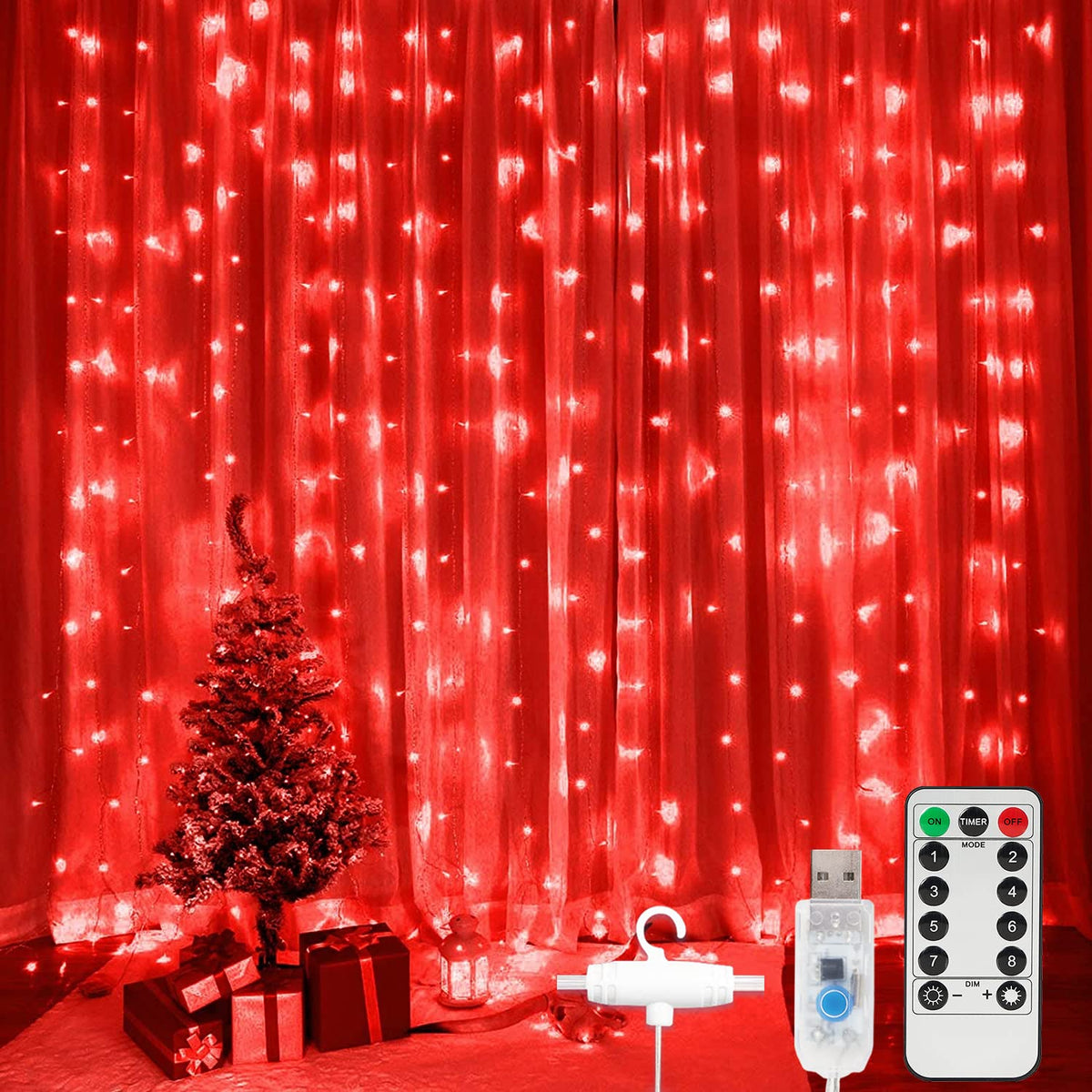 Led Curtain Lights Christmas, 300 Leds 9.8Ft X 9.8Ft Usb Curtain String Light With 8 Lighting Modes Wall Lights With Rem