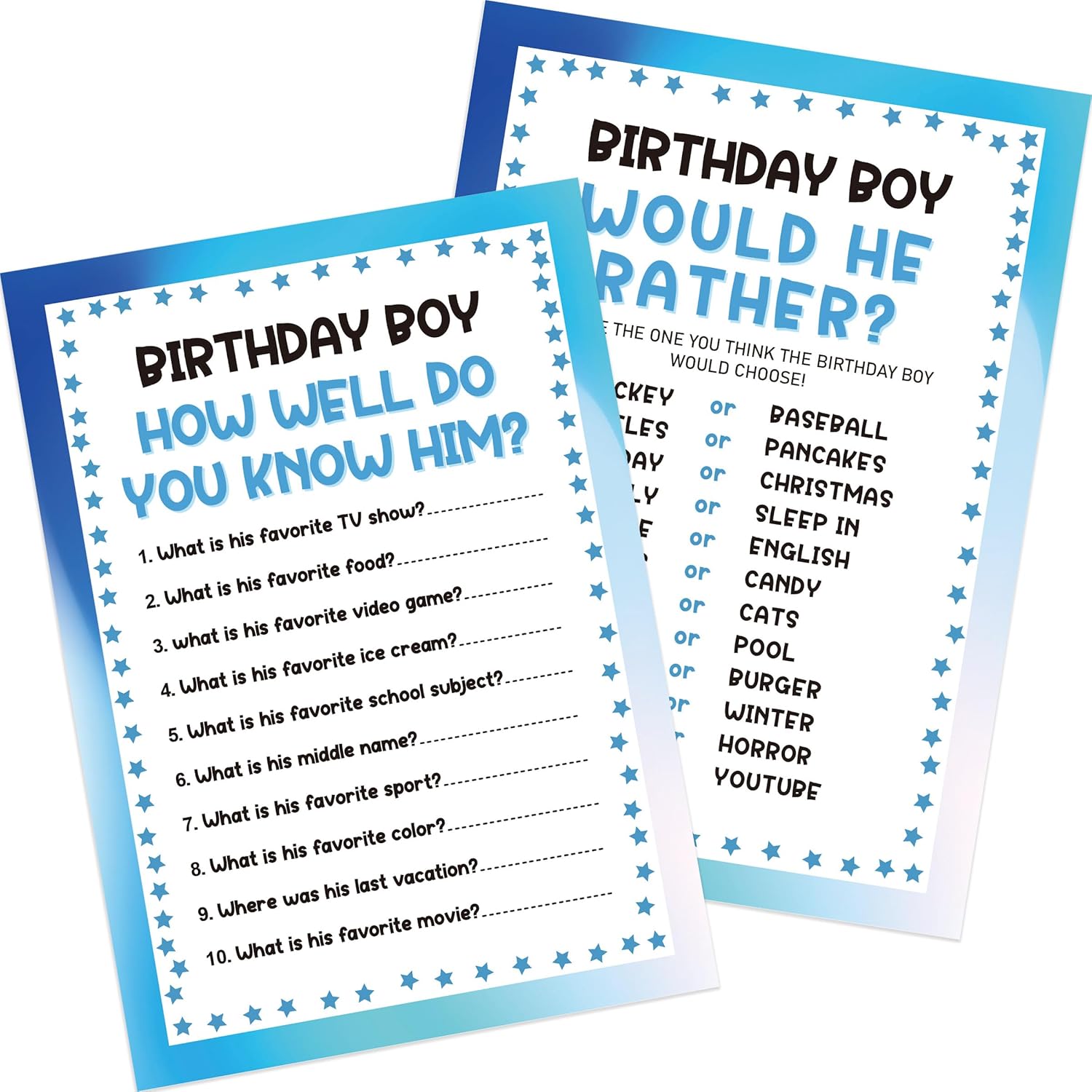 How Well Do You Know The Birthday Guy, Would He Rather, 2 Sides Printed Birthday Party Game-Set Of 30, Questionnaire Cards, Bday Party Ideas-Wkbb04