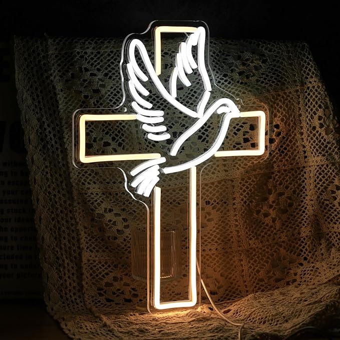 Cross Neon Sign Dimmable LED Easter Cross & Dove USB Wall Light for Home Wedding Decor