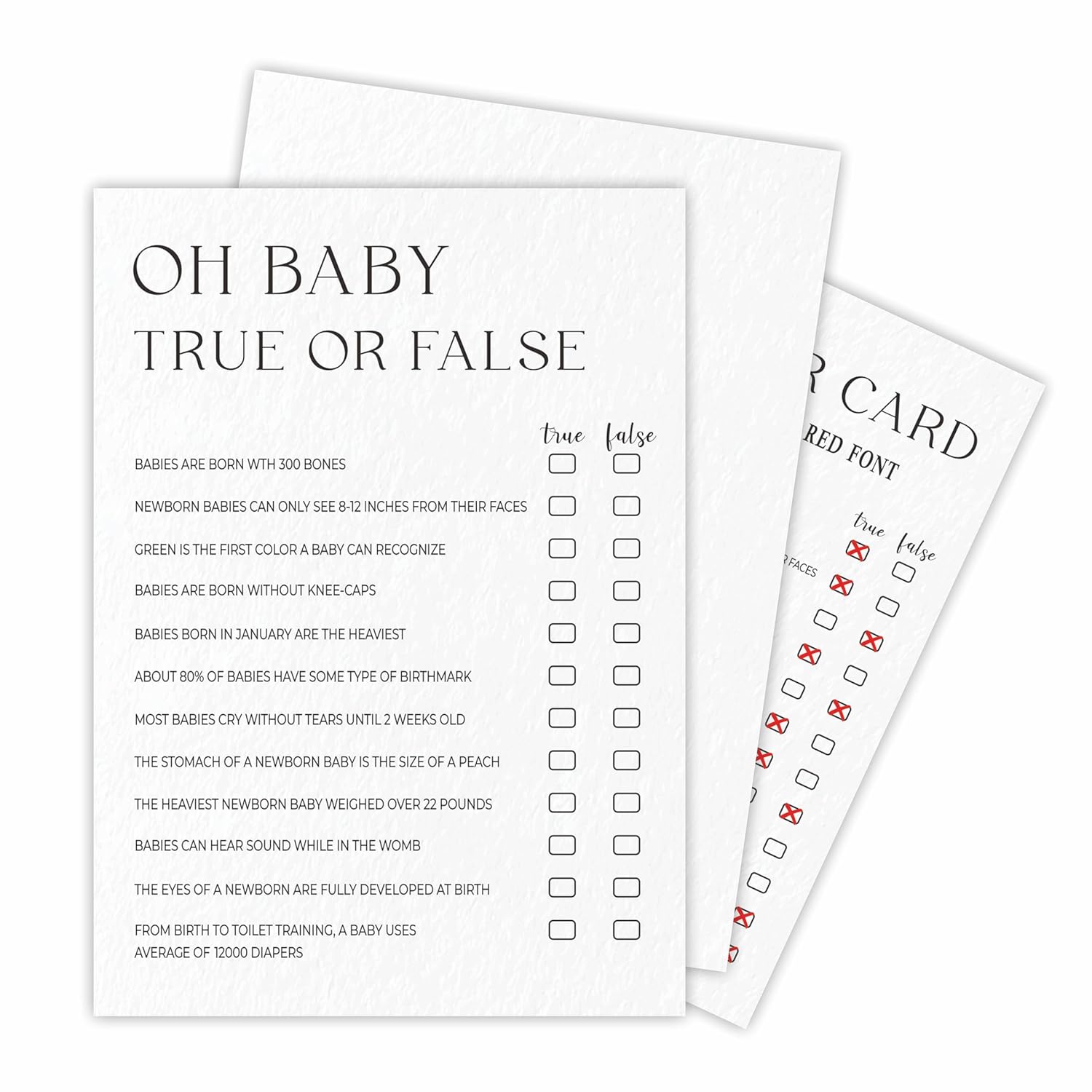 Oh Baby! True Or False Game Kits For Baby Shower - Minimalism Pearl White - 30 Fill In The Blank Game Cards With 1 Answer Card Each Set, Gender Reveal, Gender Neutral?Party Favor & Supplies - A04