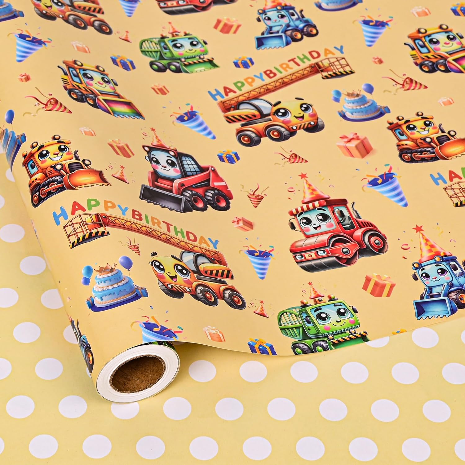 Reversible Construction Birthday Wrapping Paper Roll For Boys Kids - Bulldozers, Rollers Lift, Happy Borthday Text And Yellow Polka Dots Gift Wrap For Holiday Baby Shower Diy Craft Party - 17 In X 20 Ft(Total 28.5Sq.Ft)
