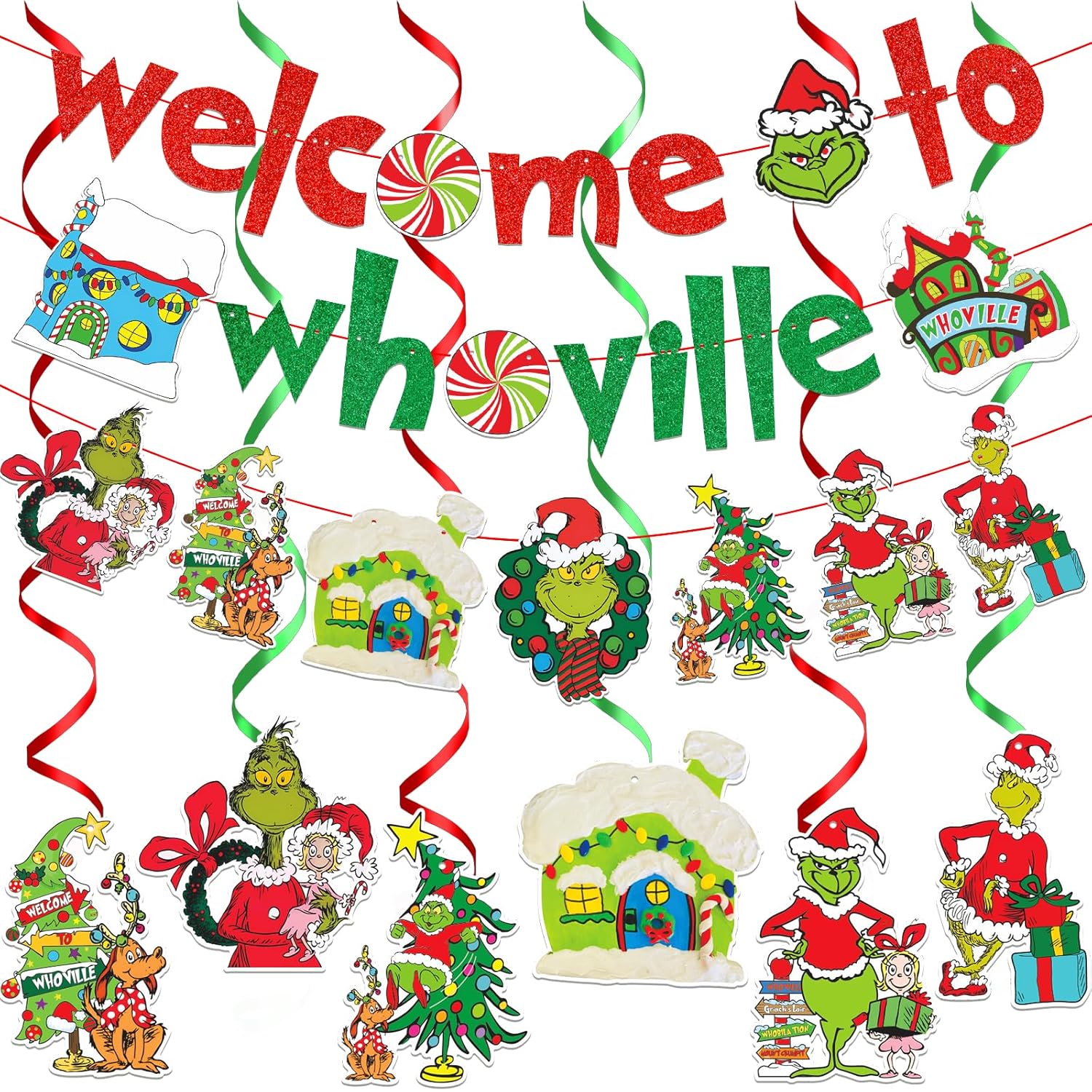 Red And Green Welcome To Whoville Banner And Christmas Hanging Decorations For Kids Boy And Girl Merry Christmas Decorations For Toy And Game