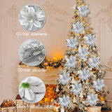 12 Pcs Poinsettias Artificial Christmas Flowers 5.5" Silver Glitter Poinsettias Christmas Decorations Xmas Tree Ornaments With Clips And Sticks